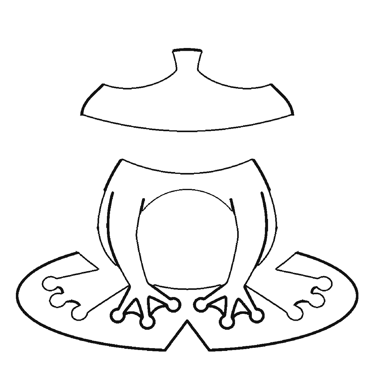 Step 3 of 6: Step-by-step drawing sheet: a frog sitting on a lily pad seen from the front, built up over six frames from the lily pad to the body, head and domed eyes, black outlines on white