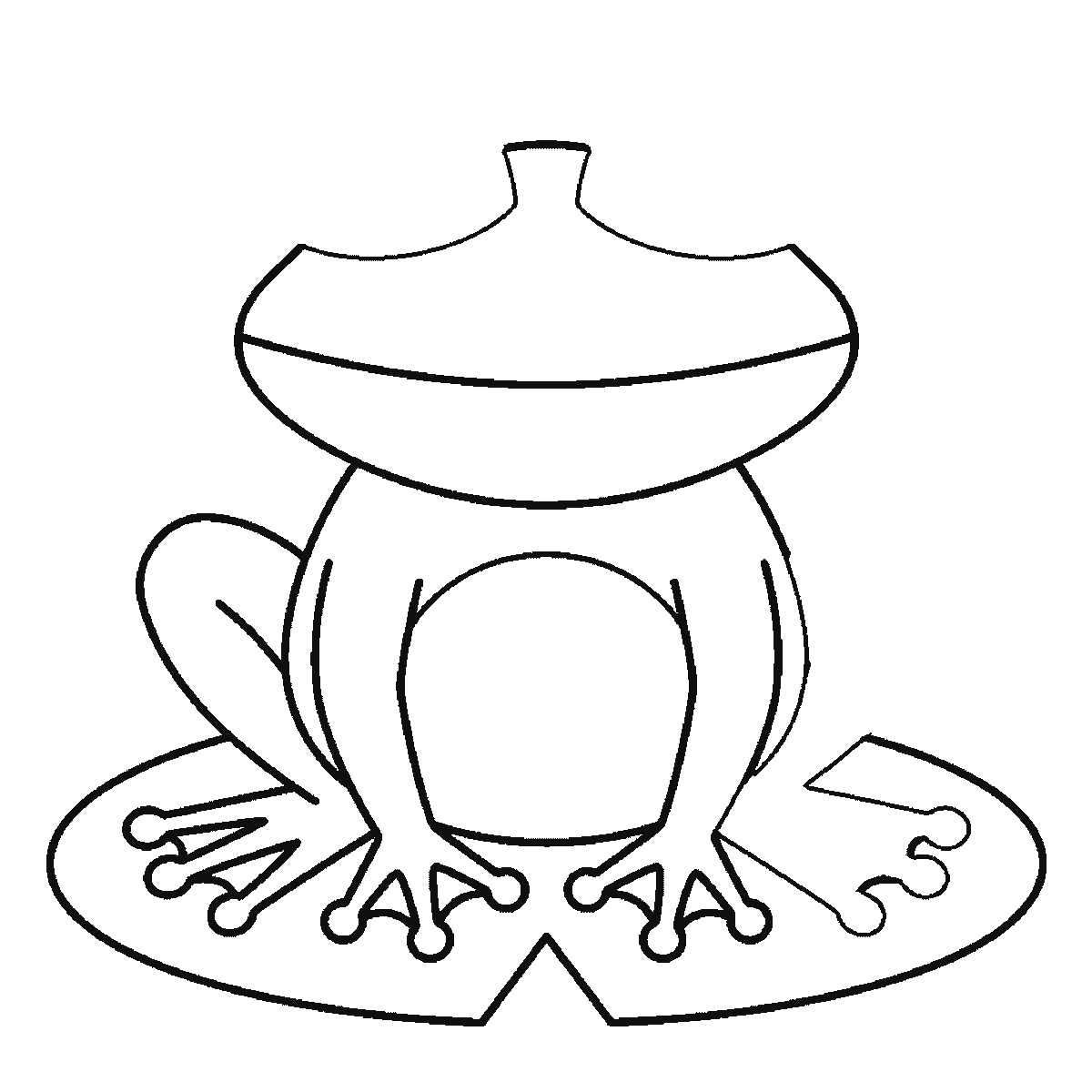 Step 4 of 6: Step-by-step drawing sheet: a frog sitting on a lily pad seen from the front, built up over six frames from the lily pad to the body, head and domed eyes, black outlines on white