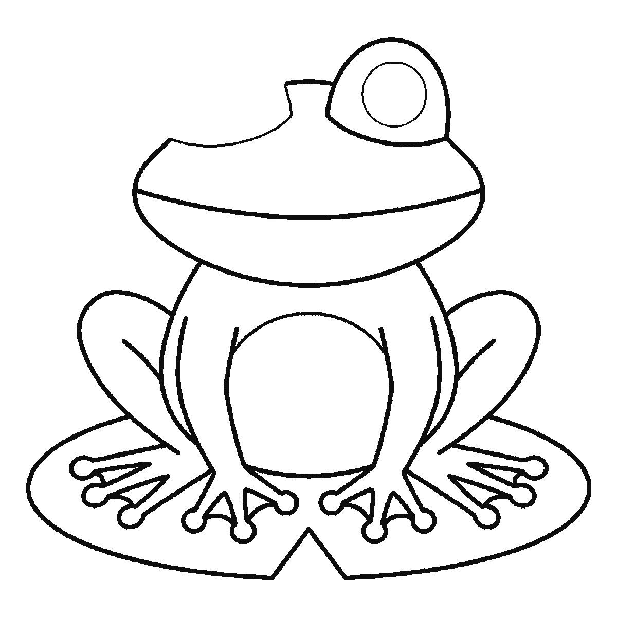 Step 5 of 6: Step-by-step drawing sheet: a frog sitting on a lily pad seen from the front, built up over six frames from the lily pad to the body, head and domed eyes, black outlines on white