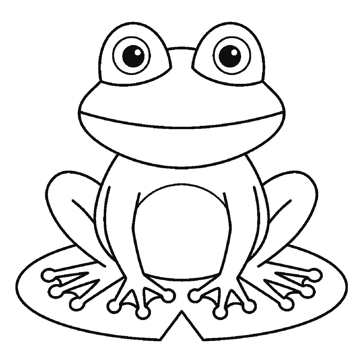 Step 6 of 6: Step-by-step drawing sheet: a frog sitting on a lily pad seen from the front, built up over six frames from the lily pad to the body, head and domed eyes, black outlines on white