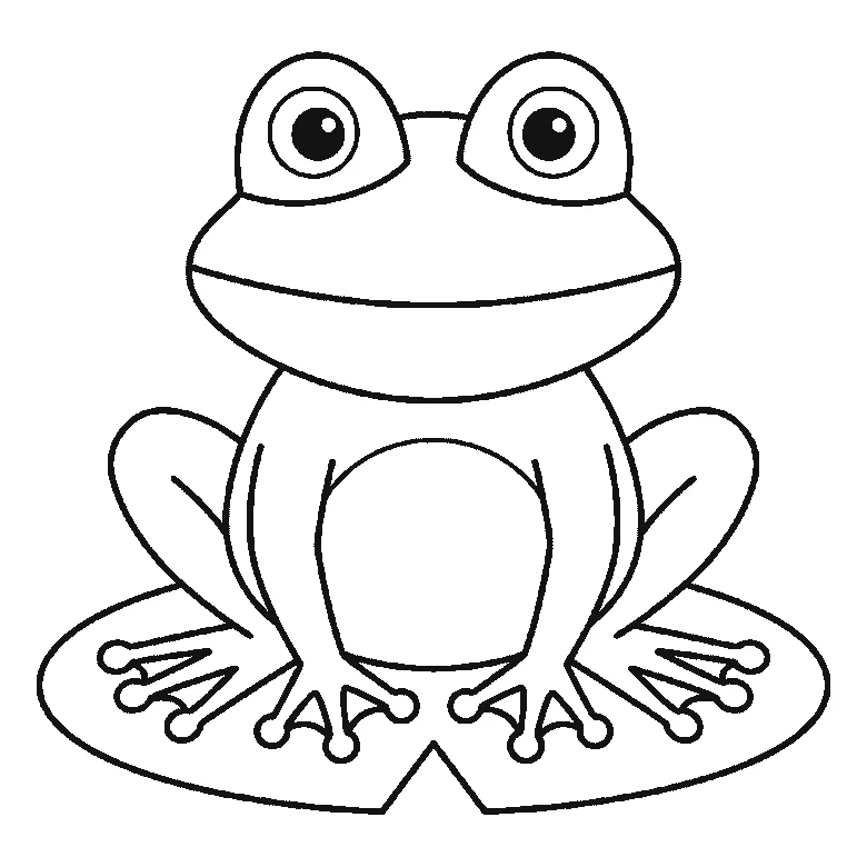 Step-by-step drawing sheet: a frog sitting on a lily pad seen from the front, built up over six frames from the lily pad to the body, head and domed eyes, black outlines on white