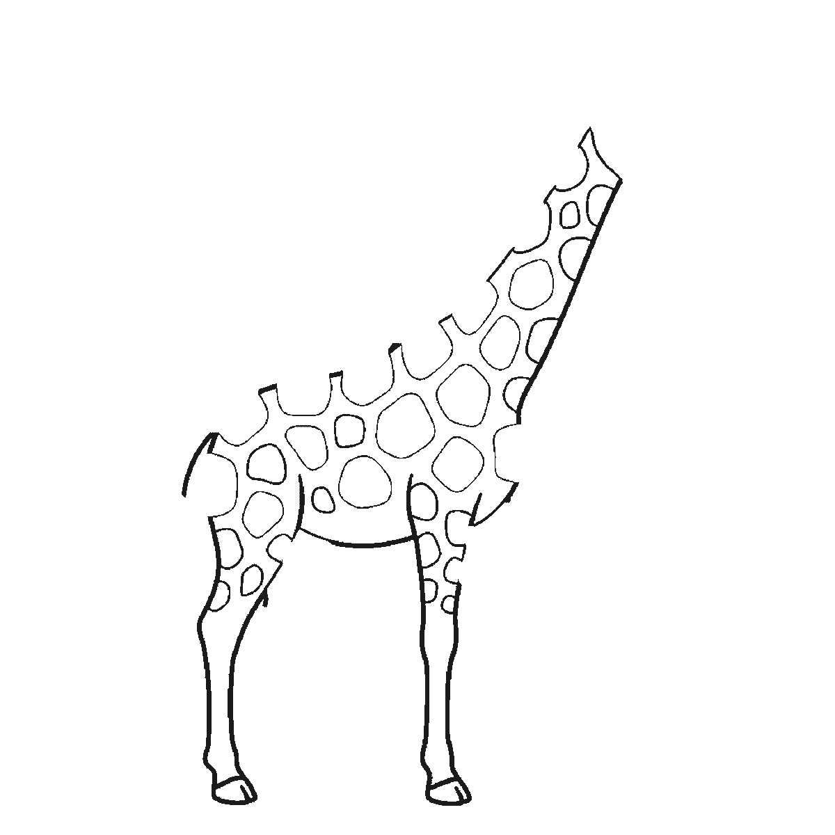 Step 1 of 6: Step-by-step drawing sheet: a giraffe standing in profile with its head turned to the viewer, built up over six frames from the body, neck and legs to the coat patches and face, black outlines on white