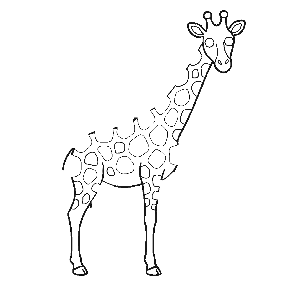 Step 2 of 6: Step-by-step drawing sheet: a giraffe standing in profile with its head turned to the viewer, built up over six frames from the body, neck and legs to the coat patches and face, black outlines on white