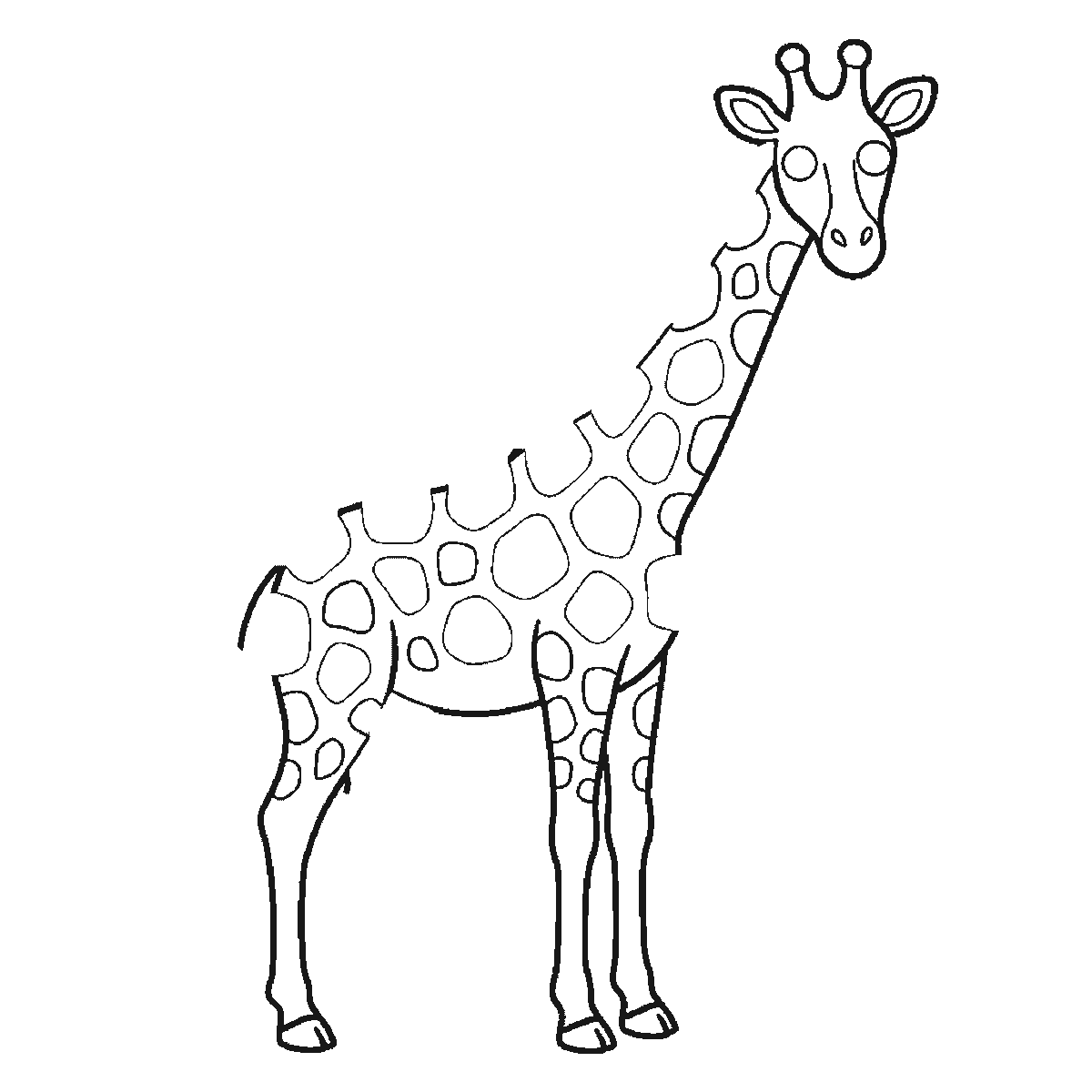Step 3 of 6: Step-by-step drawing sheet: a giraffe standing in profile with its head turned to the viewer, built up over six frames from the body, neck and legs to the coat patches and face, black outlines on white