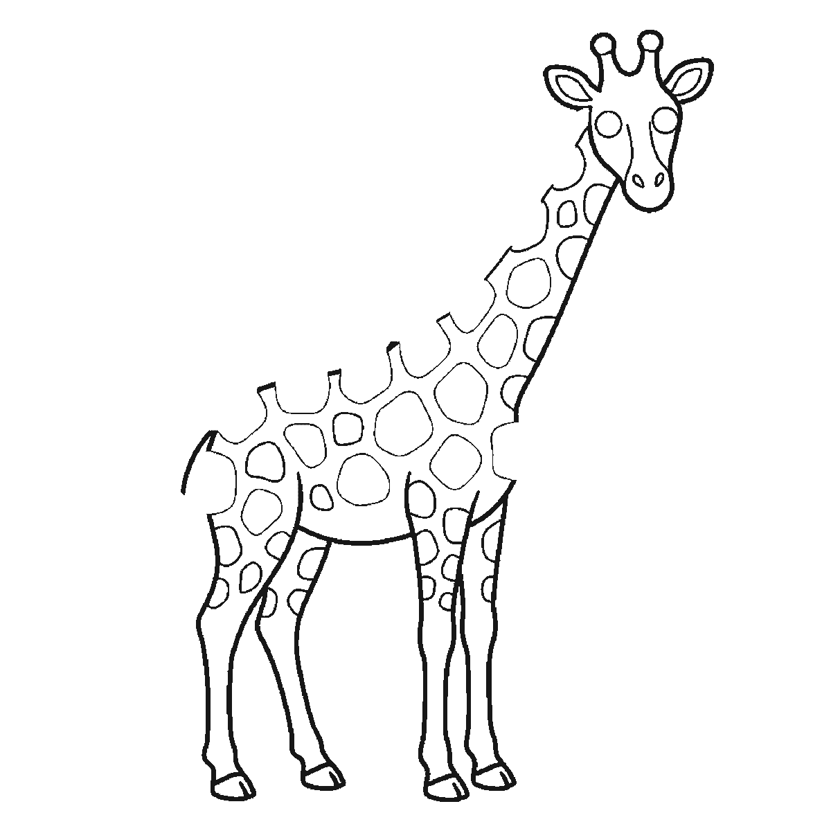 Step 4 of 6: Step-by-step drawing sheet: a giraffe standing in profile with its head turned to the viewer, built up over six frames from the body, neck and legs to the coat patches and face, black outlines on white