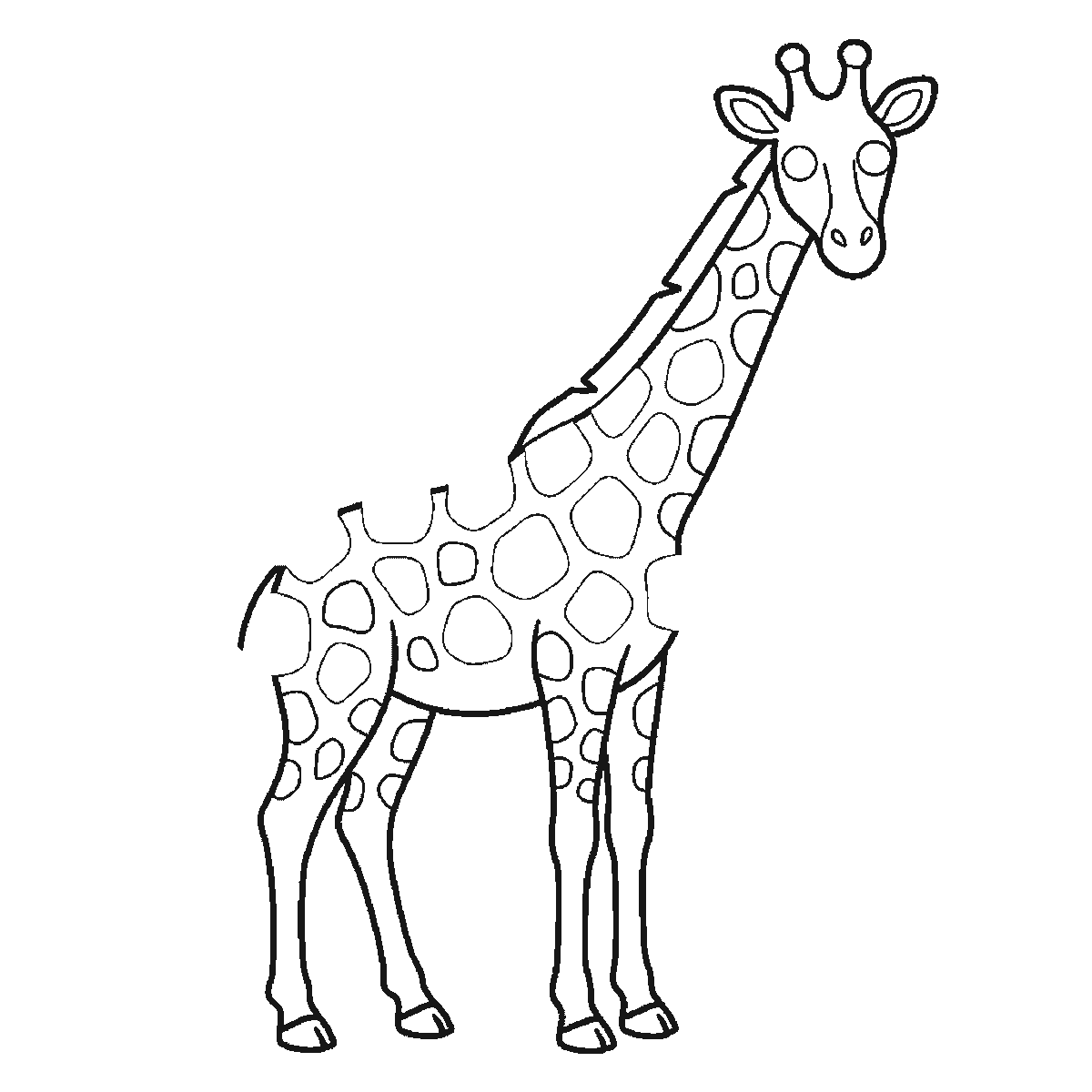 Step 5 of 6: Step-by-step drawing sheet: a giraffe standing in profile with its head turned to the viewer, built up over six frames from the body, neck and legs to the coat patches and face, black outlines on white