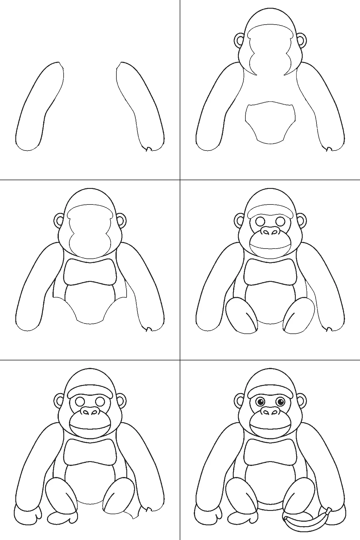 Step-by-step drawing sheet: a gorilla sitting upright, built up over six frames from the two long arms alone to the head and belly, then the chest panel and the face with both eye outlines and the legs, with the mouth, the hands, the filled pupils and a banana last, black outlines on white