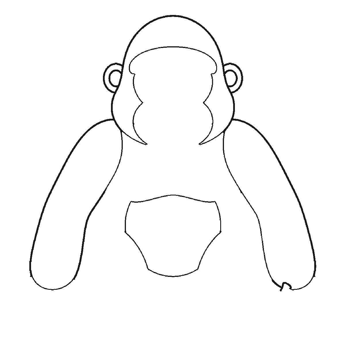 Step 2 of 6: Step-by-step drawing sheet: a gorilla sitting upright, built up over six frames from the two long arms alone to the head and belly, then the chest panel and the face with both eye outlines and the legs, with the mouth, the hands, the filled pupils and a banana last, black outlines on white