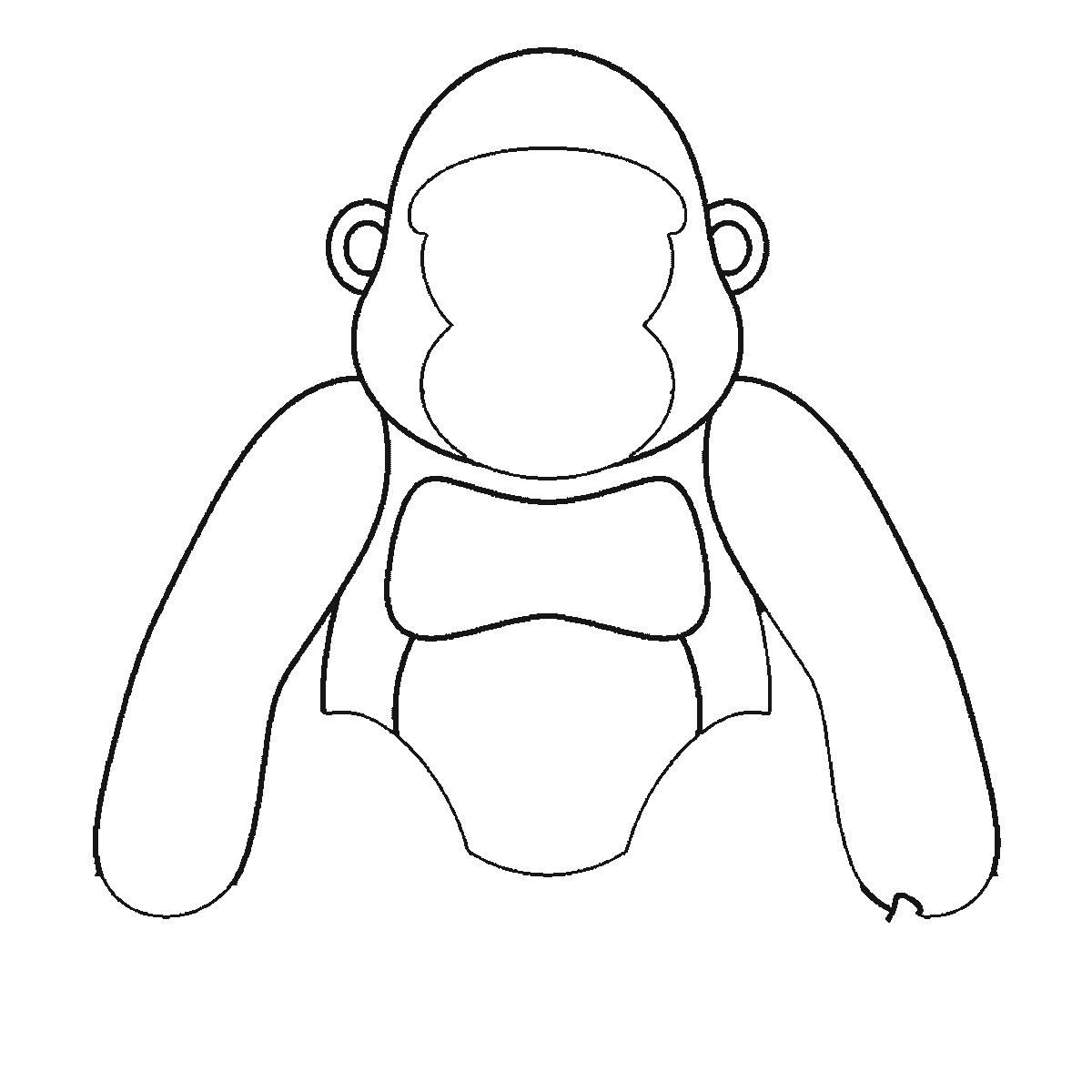 Step 3 of 6: Step-by-step drawing sheet: a gorilla sitting upright, built up over six frames from the two long arms alone to the head and belly, then the chest panel and the face with both eye outlines and the legs, with the mouth, the hands, the filled pupils and a banana last, black outlines on white