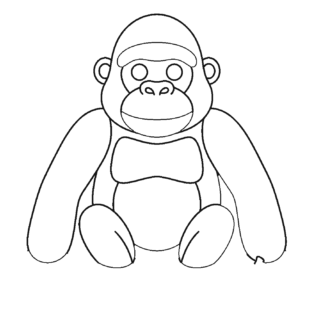 Step 4 of 6: Step-by-step drawing sheet: a gorilla sitting upright, built up over six frames from the two long arms alone to the head and belly, then the chest panel and the face with both eye outlines and the legs, with the mouth, the hands, the filled pupils and a banana last, black outlines on white