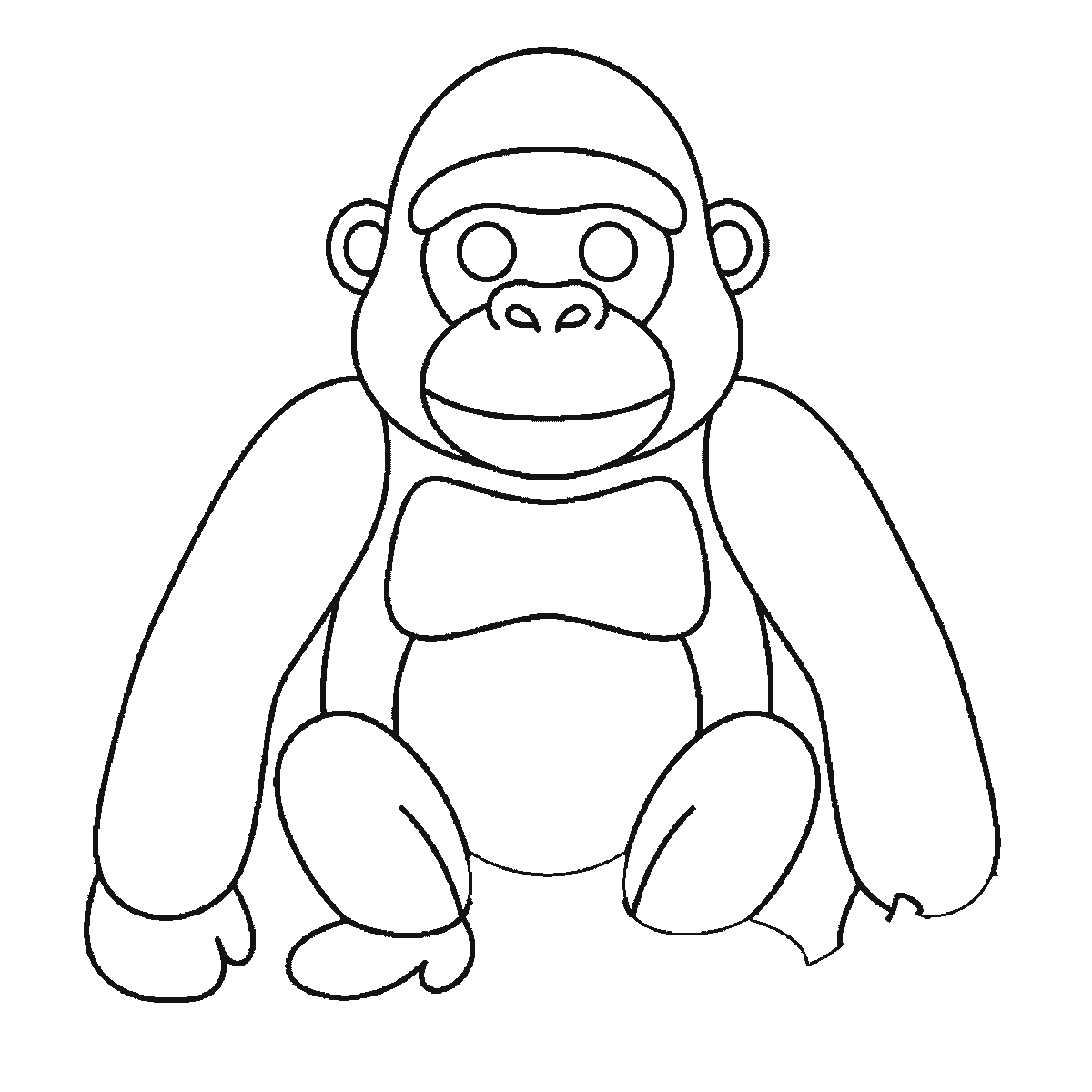 Step 5 of 6: Step-by-step drawing sheet: a gorilla sitting upright, built up over six frames from the two long arms alone to the head and belly, then the chest panel and the face with both eye outlines and the legs, with the mouth, the hands, the filled pupils and a banana last, black outlines on white