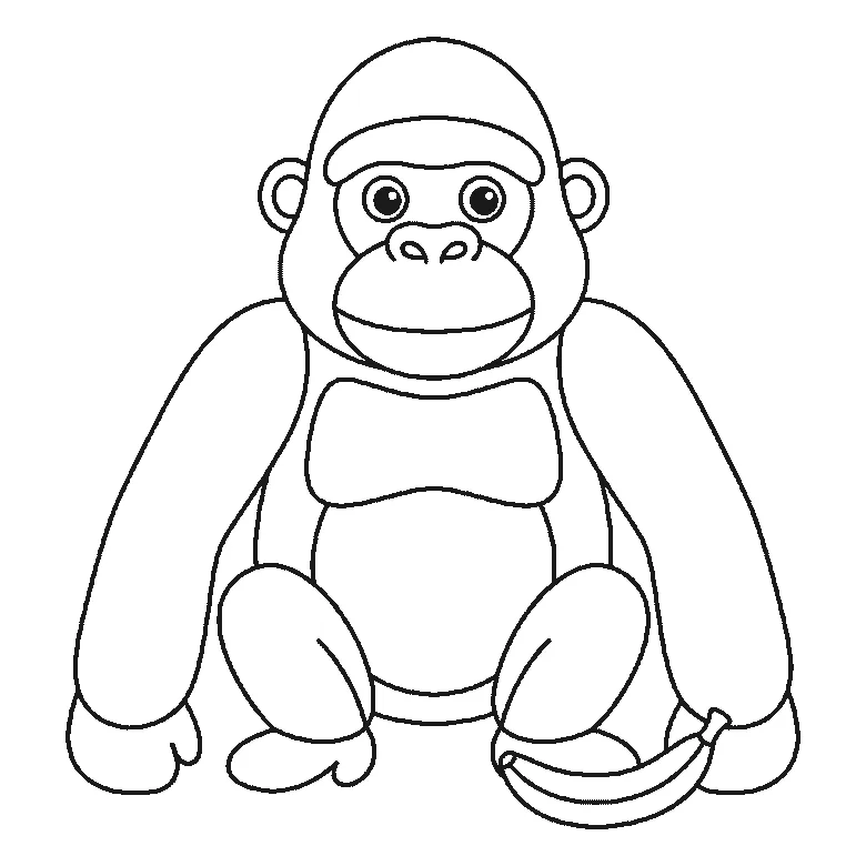 Step-by-step drawing sheet: a gorilla sitting upright, built up over six frames from the two long arms alone to the head and belly, then the chest panel and the face with both eye outlines and the legs, with the mouth, the hands, the filled pupils and a banana last, black outlines on white