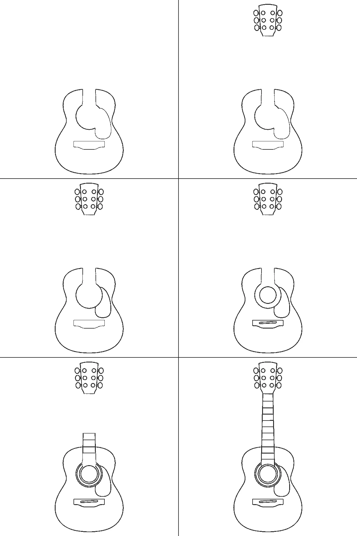 Step-by-step drawing sheet: an acoustic guitar standing upright with no strings drawn, built up over six frames from the body and bridge to the headstock and its six tuning pegs, then the pickguard and the sound hole, with the rosette ring and the fret bands last, black outlines on white