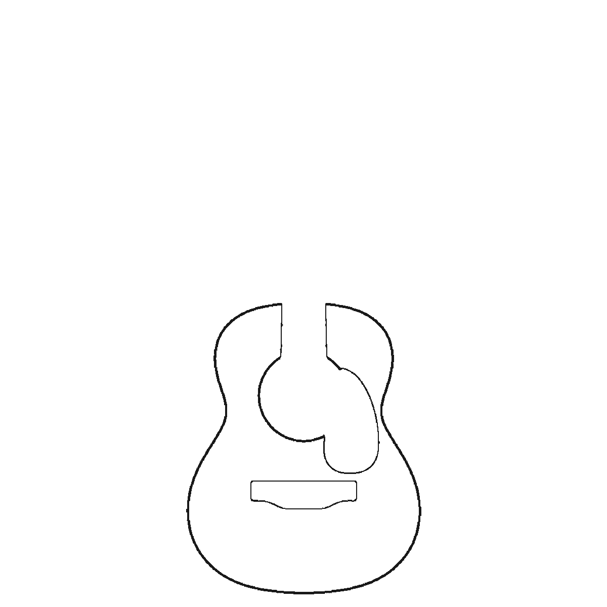 Step 1 of 6: Step-by-step drawing sheet: an acoustic guitar standing upright with no strings drawn, built up over six frames from the body and bridge to the headstock and its six tuning pegs, then the pickguard and the sound hole, with the rosette ring and the fret bands last, black outlines on white