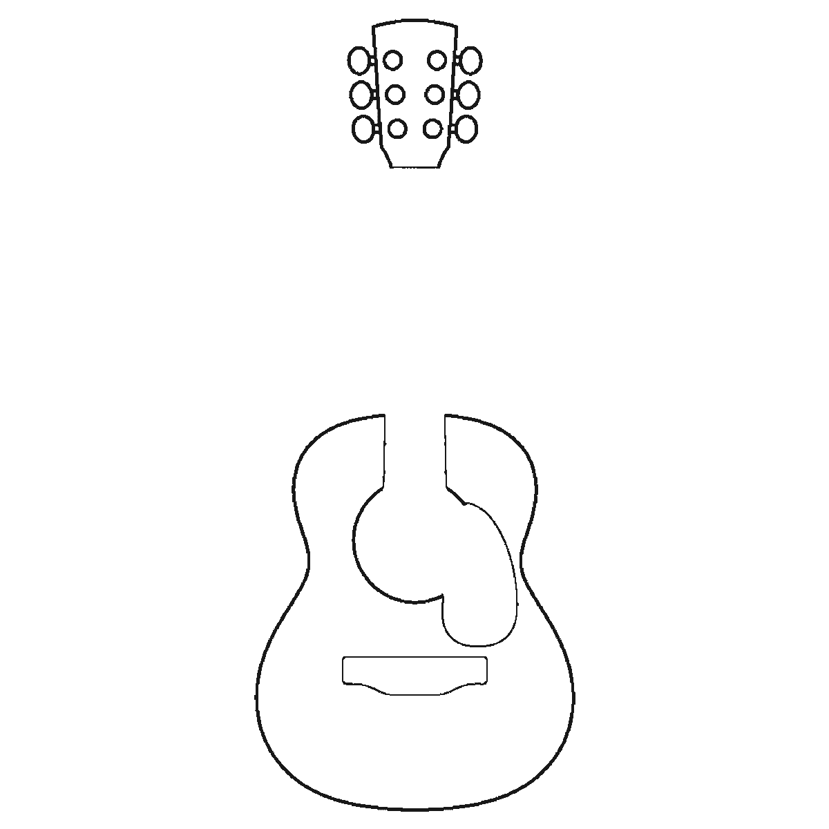 Step 2 of 6: Step-by-step drawing sheet: an acoustic guitar standing upright with no strings drawn, built up over six frames from the body and bridge to the headstock and its six tuning pegs, then the pickguard and the sound hole, with the rosette ring and the fret bands last, black outlines on white