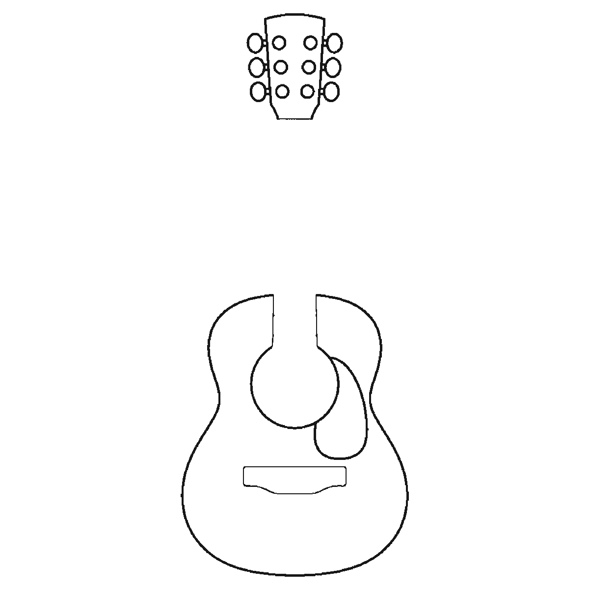 Step 3 of 6: Step-by-step drawing sheet: an acoustic guitar standing upright with no strings drawn, built up over six frames from the body and bridge to the headstock and its six tuning pegs, then the pickguard and the sound hole, with the rosette ring and the fret bands last, black outlines on white