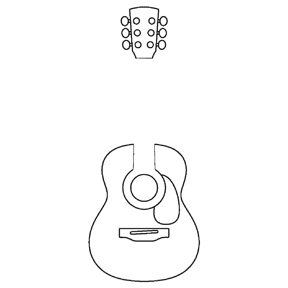 Step 4 of 6: Step-by-step drawing sheet: an acoustic guitar standing upright with no strings drawn, built up over six frames from the body and bridge to the headstock and its six tuning pegs, then the pickguard and the sound hole, with the rosette ring and the fret bands last, black outlines on white