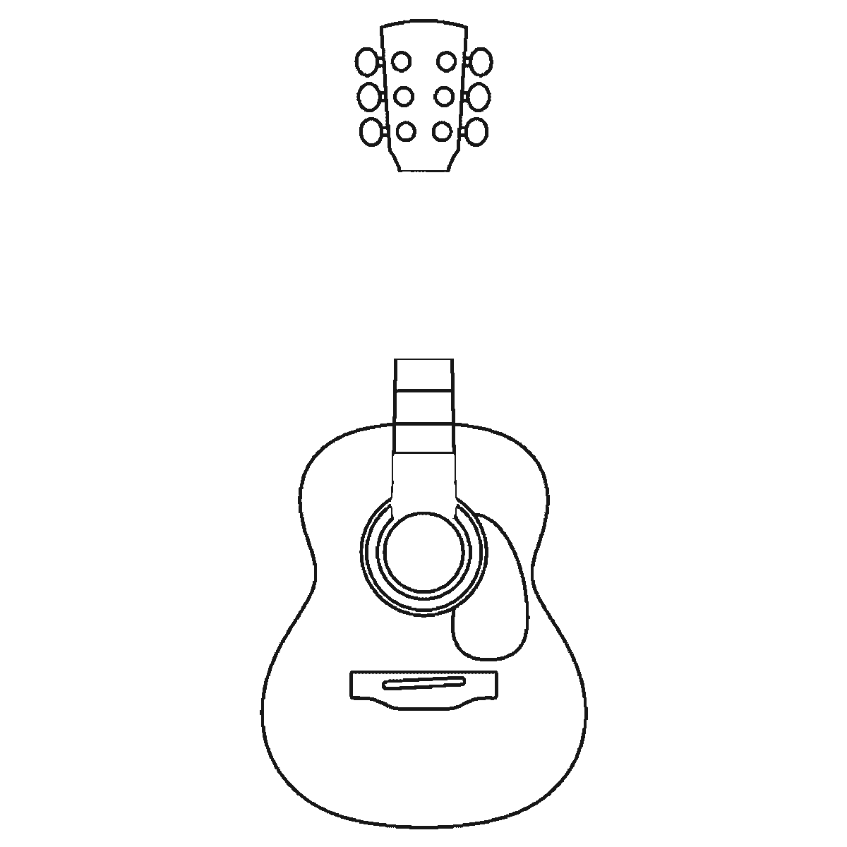 Step 5 of 6: Step-by-step drawing sheet: an acoustic guitar standing upright with no strings drawn, built up over six frames from the body and bridge to the headstock and its six tuning pegs, then the pickguard and the sound hole, with the rosette ring and the fret bands last, black outlines on white