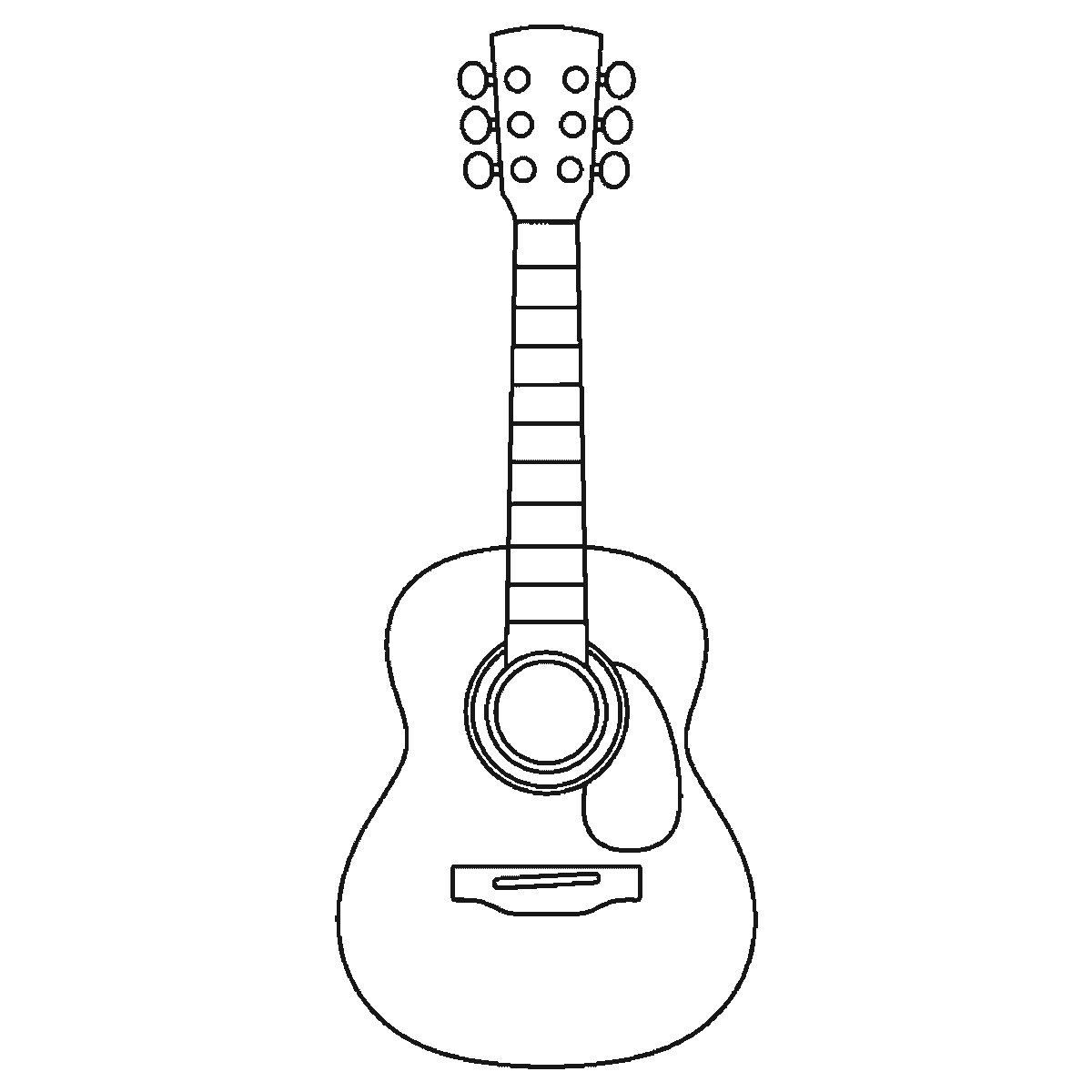 Step 6 of 6: Step-by-step drawing sheet: an acoustic guitar standing upright with no strings drawn, built up over six frames from the body and bridge to the headstock and its six tuning pegs, then the pickguard and the sound hole, with the rosette ring and the fret bands last, black outlines on white