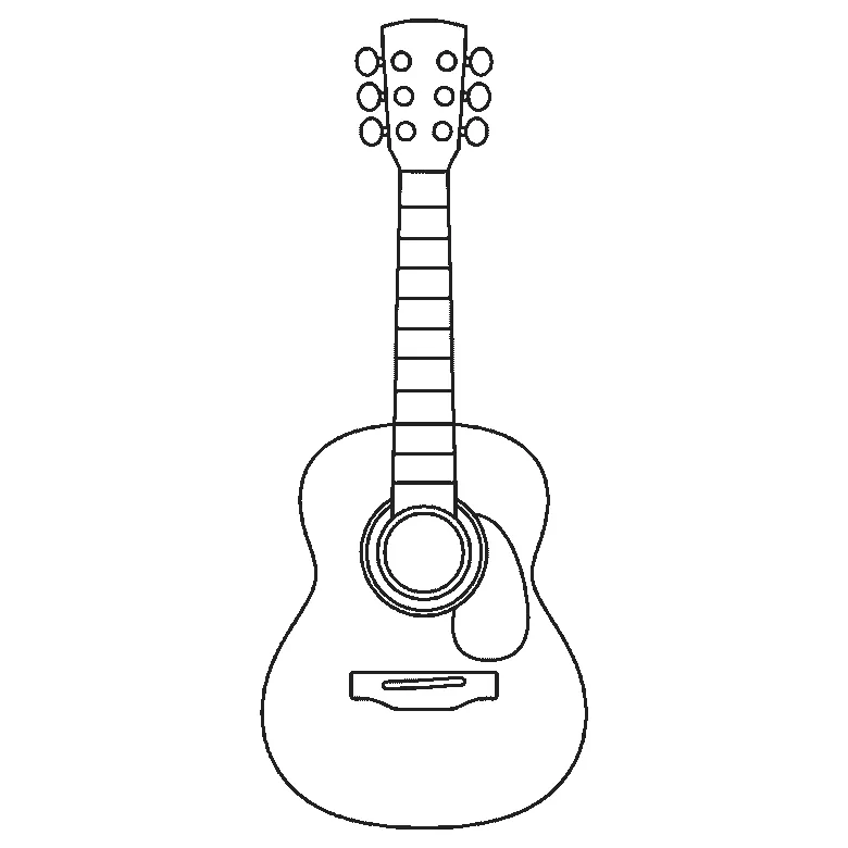 Step-by-step drawing sheet: an acoustic guitar standing upright with no strings drawn, built up over six frames from the body and bridge to the headstock and its six tuning pegs, then the pickguard and the sound hole, with the rosette ring and the fret bands last, black outlines on white