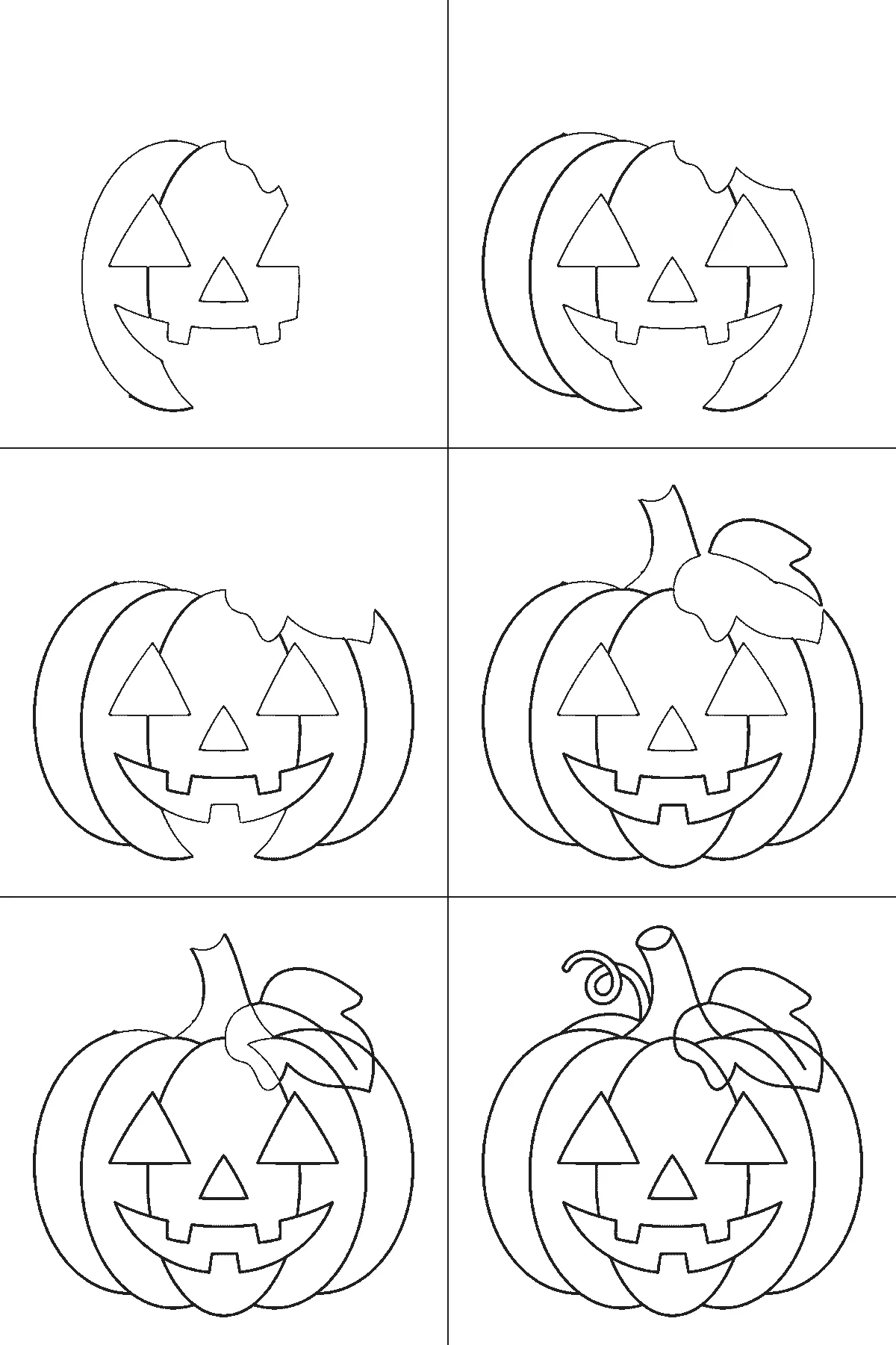 Step-by-step drawing sheet: a carved Halloween pumpkin with two triangular eyes, a triangular nose, a grinning mouth, a stalk, a leaf and a curled tendril, built up over six frames one carved rib at a time, black outlines on white