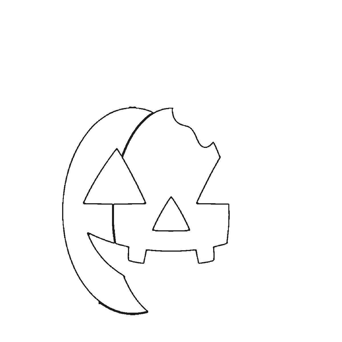 Step 1 of 6: Step-by-step drawing sheet: a carved Halloween pumpkin with two triangular eyes, a triangular nose, a grinning mouth, a stalk, a leaf and a curled tendril, built up over six frames one carved rib at a time, black outlines on white