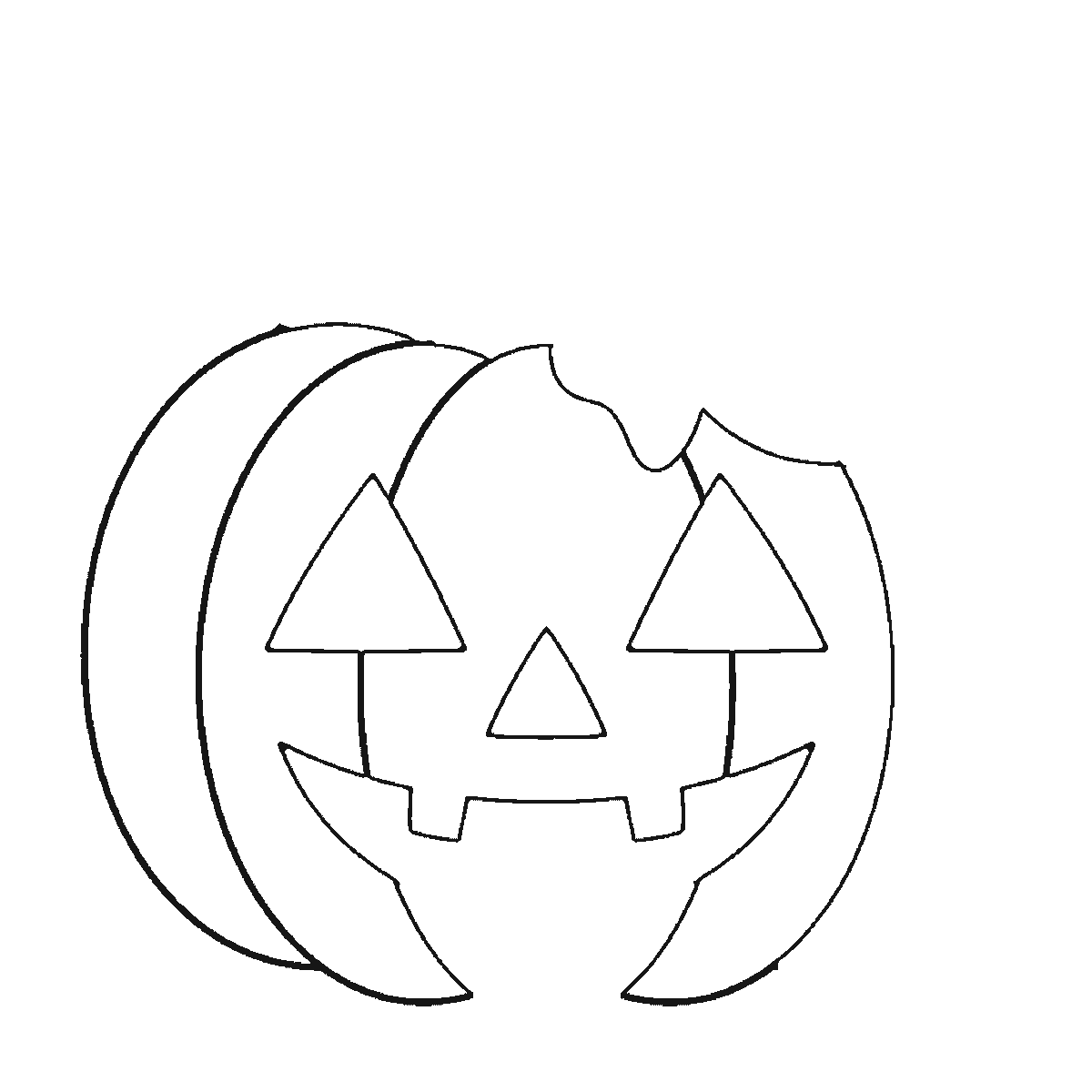 Step 2 of 6: Step-by-step drawing sheet: a carved Halloween pumpkin with two triangular eyes, a triangular nose, a grinning mouth, a stalk, a leaf and a curled tendril, built up over six frames one carved rib at a time, black outlines on white