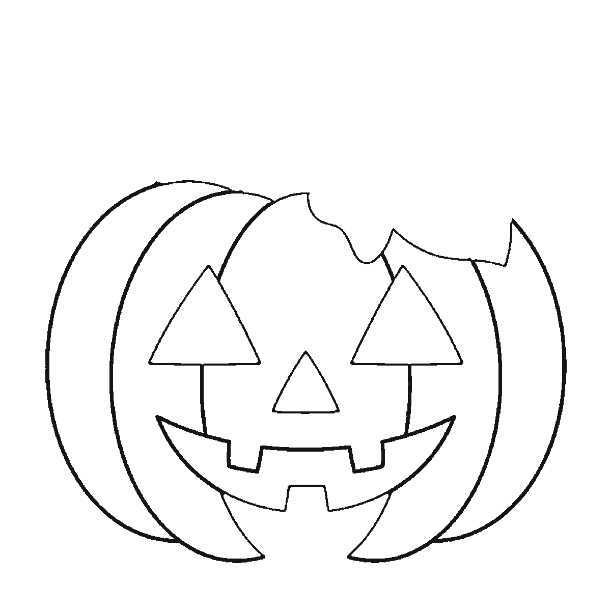 Step 3 of 6: Step-by-step drawing sheet: a carved Halloween pumpkin with two triangular eyes, a triangular nose, a grinning mouth, a stalk, a leaf and a curled tendril, built up over six frames one carved rib at a time, black outlines on white