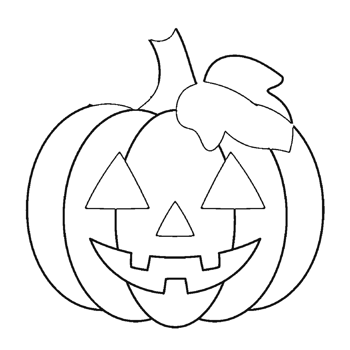 Step 4 of 6: Step-by-step drawing sheet: a carved Halloween pumpkin with two triangular eyes, a triangular nose, a grinning mouth, a stalk, a leaf and a curled tendril, built up over six frames one carved rib at a time, black outlines on white