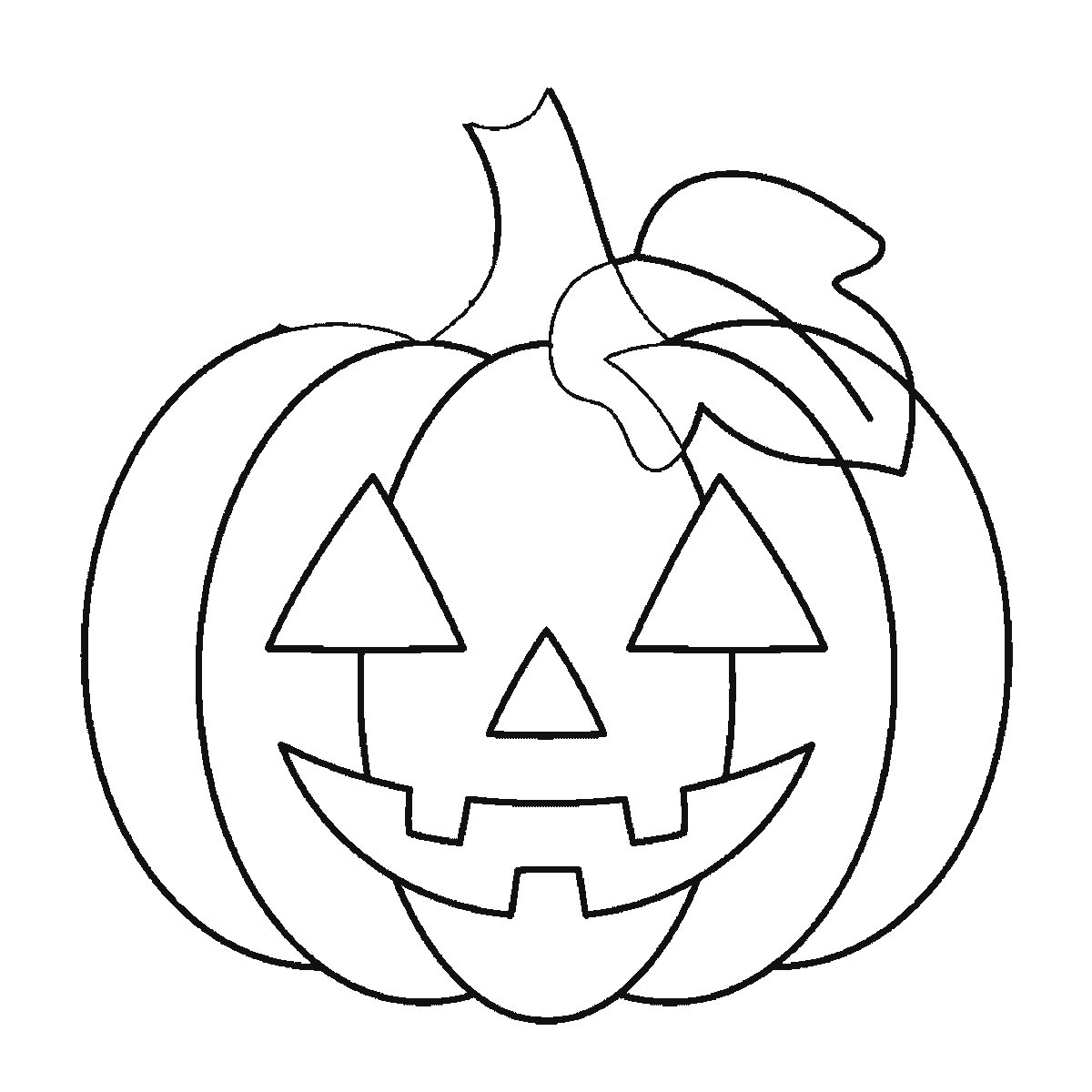 Step 5 of 6: Step-by-step drawing sheet: a carved Halloween pumpkin with two triangular eyes, a triangular nose, a grinning mouth, a stalk, a leaf and a curled tendril, built up over six frames one carved rib at a time, black outlines on white