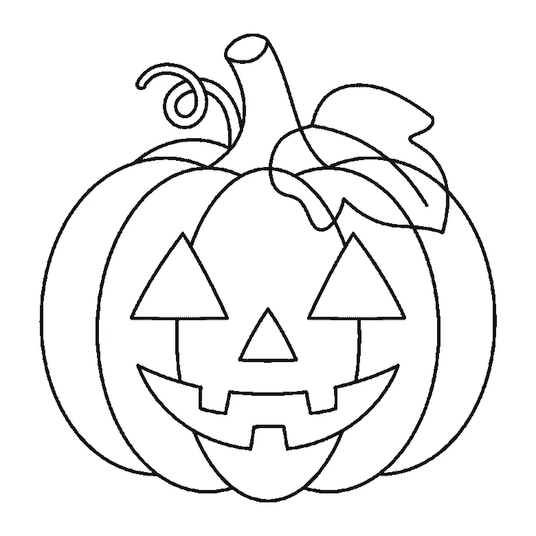 Step-by-step drawing sheet: a carved Halloween pumpkin with two triangular eyes, a triangular nose, a grinning mouth, a stalk, a leaf and a curled tendril, built up over six frames one carved rib at a time, black outlines on white