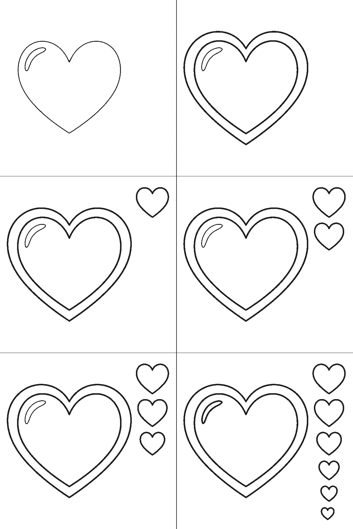Step-by-step drawing sheet: a plain symmetrical heart with a wide border band, a curved highlight and six smaller hearts in a column beside it, built up over six frames starting from the inner heart, black outlines on white