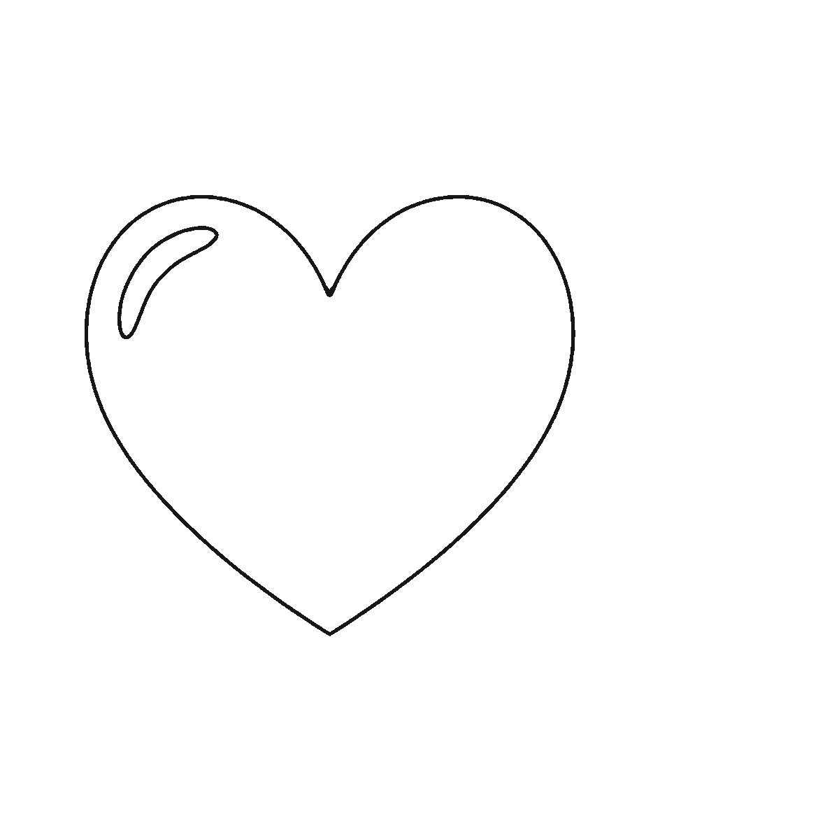 Step 1 of 6: Step-by-step drawing sheet: a plain symmetrical heart with a wide border band, a curved highlight and six smaller hearts in a column beside it, built up over six frames starting from the inner heart, black outlines on white
