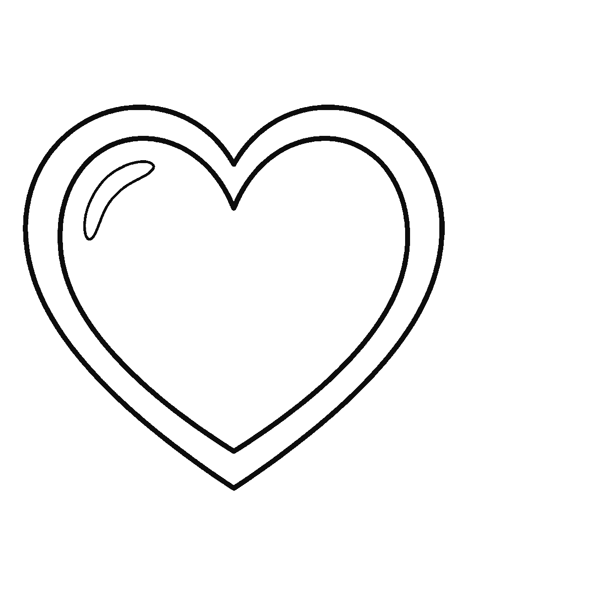 Step 2 of 6: Step-by-step drawing sheet: a plain symmetrical heart with a wide border band, a curved highlight and six smaller hearts in a column beside it, built up over six frames starting from the inner heart, black outlines on white