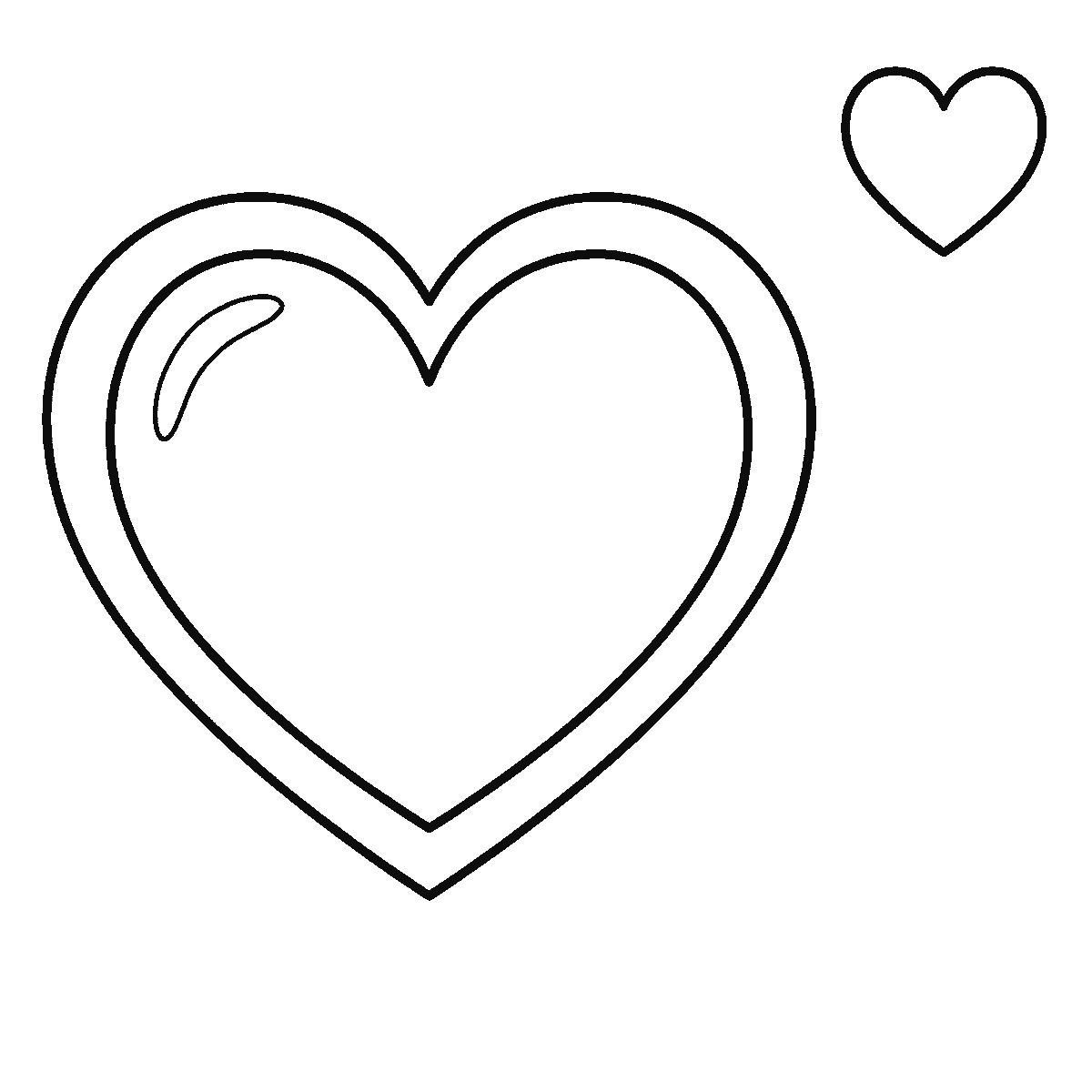 Step 3 of 6: Step-by-step drawing sheet: a plain symmetrical heart with a wide border band, a curved highlight and six smaller hearts in a column beside it, built up over six frames starting from the inner heart, black outlines on white