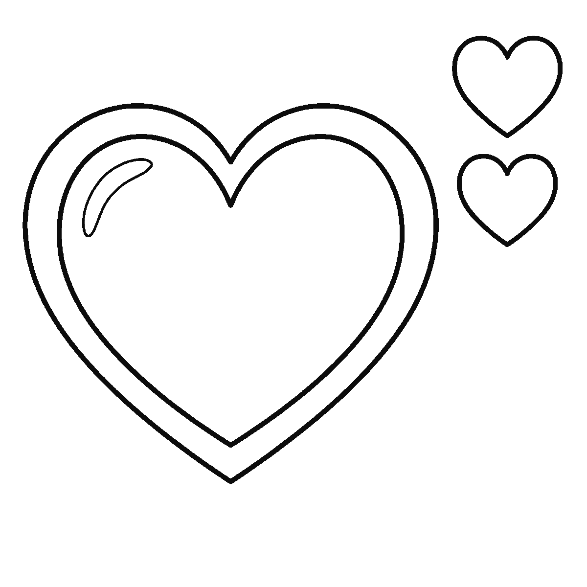 Step 4 of 6: Step-by-step drawing sheet: a plain symmetrical heart with a wide border band, a curved highlight and six smaller hearts in a column beside it, built up over six frames starting from the inner heart, black outlines on white