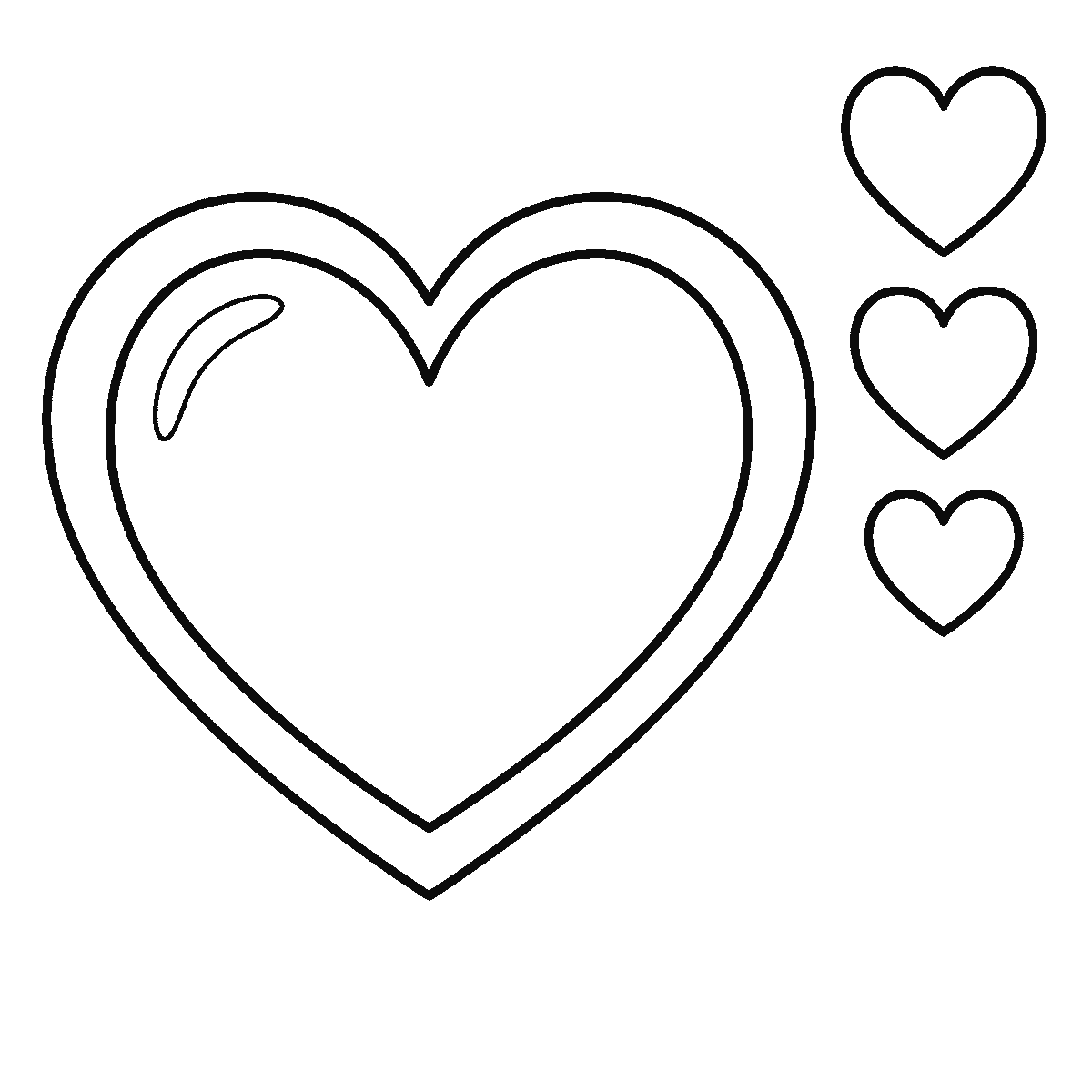 Step 5 of 6: Step-by-step drawing sheet: a plain symmetrical heart with a wide border band, a curved highlight and six smaller hearts in a column beside it, built up over six frames starting from the inner heart, black outlines on white