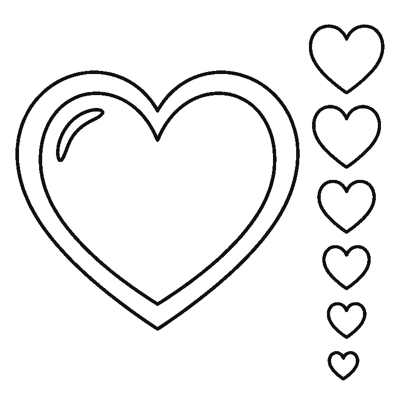Step-by-step drawing sheet: a plain symmetrical heart with a wide border band, a curved highlight and six smaller hearts in a column beside it, built up over six frames starting from the inner heart, black outlines on white
