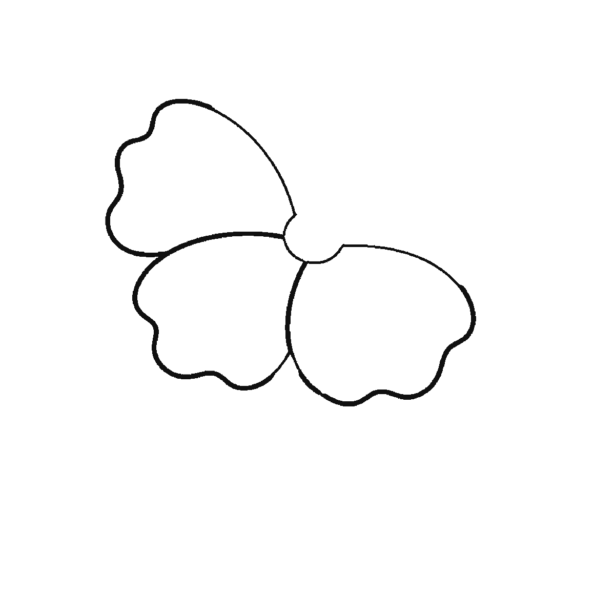 Step 1 of 6: Step-by-step drawing sheet: an open hibiscus flower, built up over six frames from three of the five petals to the other two, then a leaf per frame, with the long stamen column and the stem at the fifth frame and the centre ring last, black outlines on white