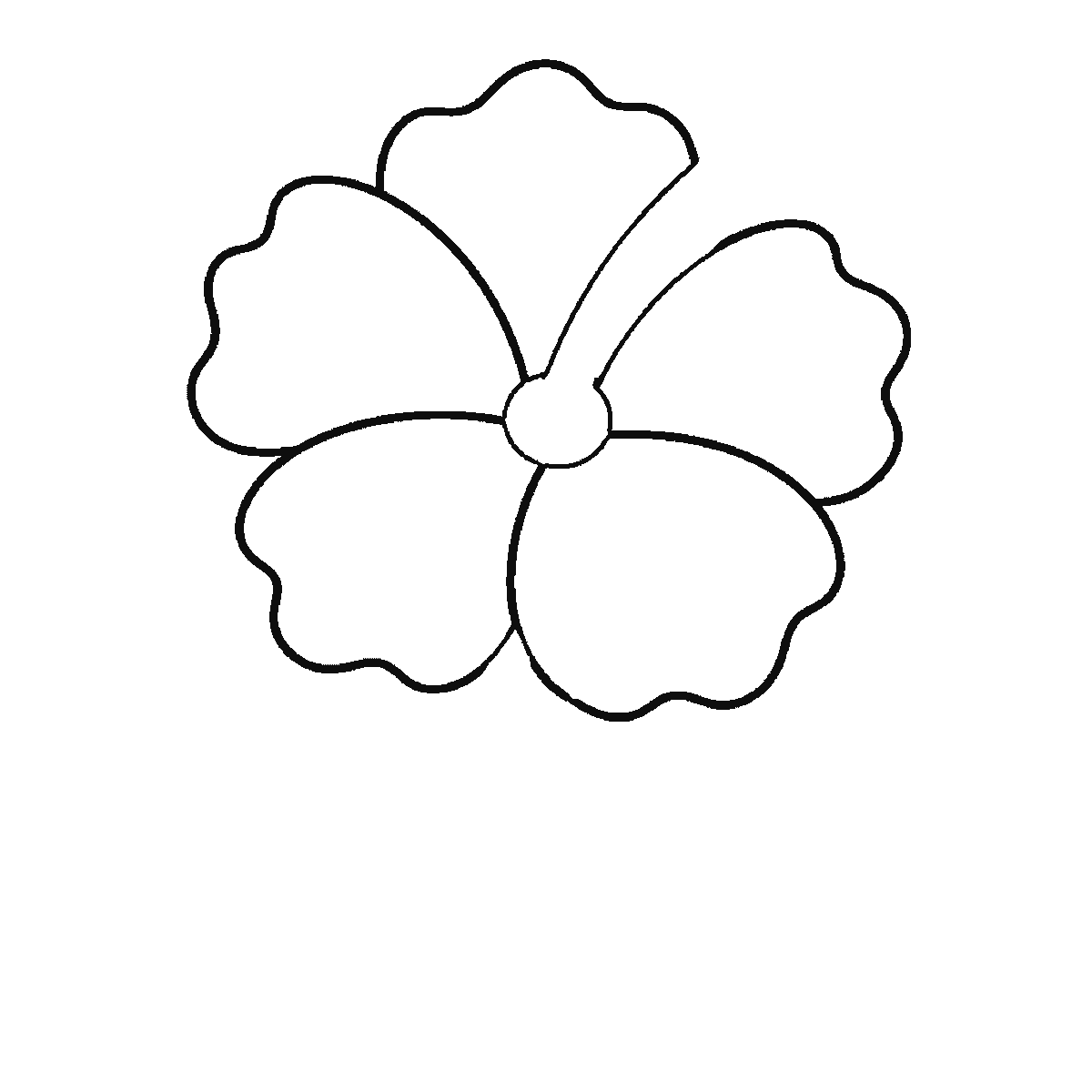 Step 2 of 6: Step-by-step drawing sheet: an open hibiscus flower, built up over six frames from three of the five petals to the other two, then a leaf per frame, with the long stamen column and the stem at the fifth frame and the centre ring last, black outlines on white