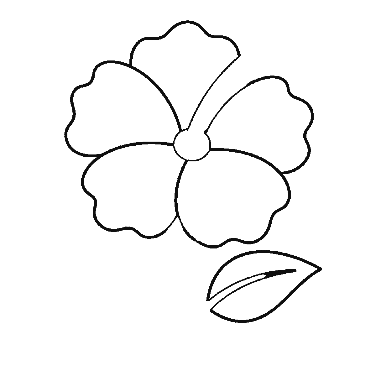 Step 3 of 6: Step-by-step drawing sheet: an open hibiscus flower, built up over six frames from three of the five petals to the other two, then a leaf per frame, with the long stamen column and the stem at the fifth frame and the centre ring last, black outlines on white