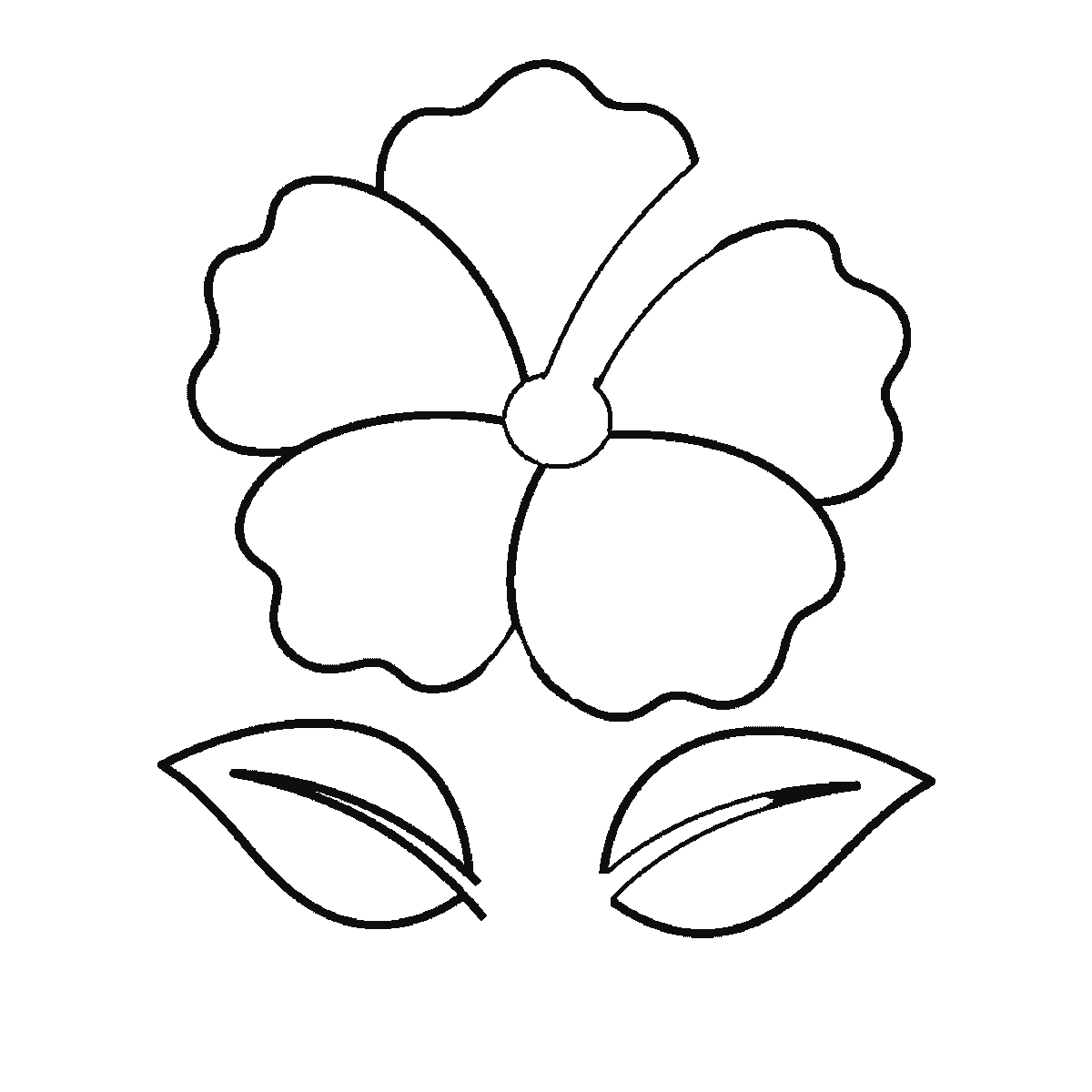 Step 4 of 6: Step-by-step drawing sheet: an open hibiscus flower, built up over six frames from three of the five petals to the other two, then a leaf per frame, with the long stamen column and the stem at the fifth frame and the centre ring last, black outlines on white