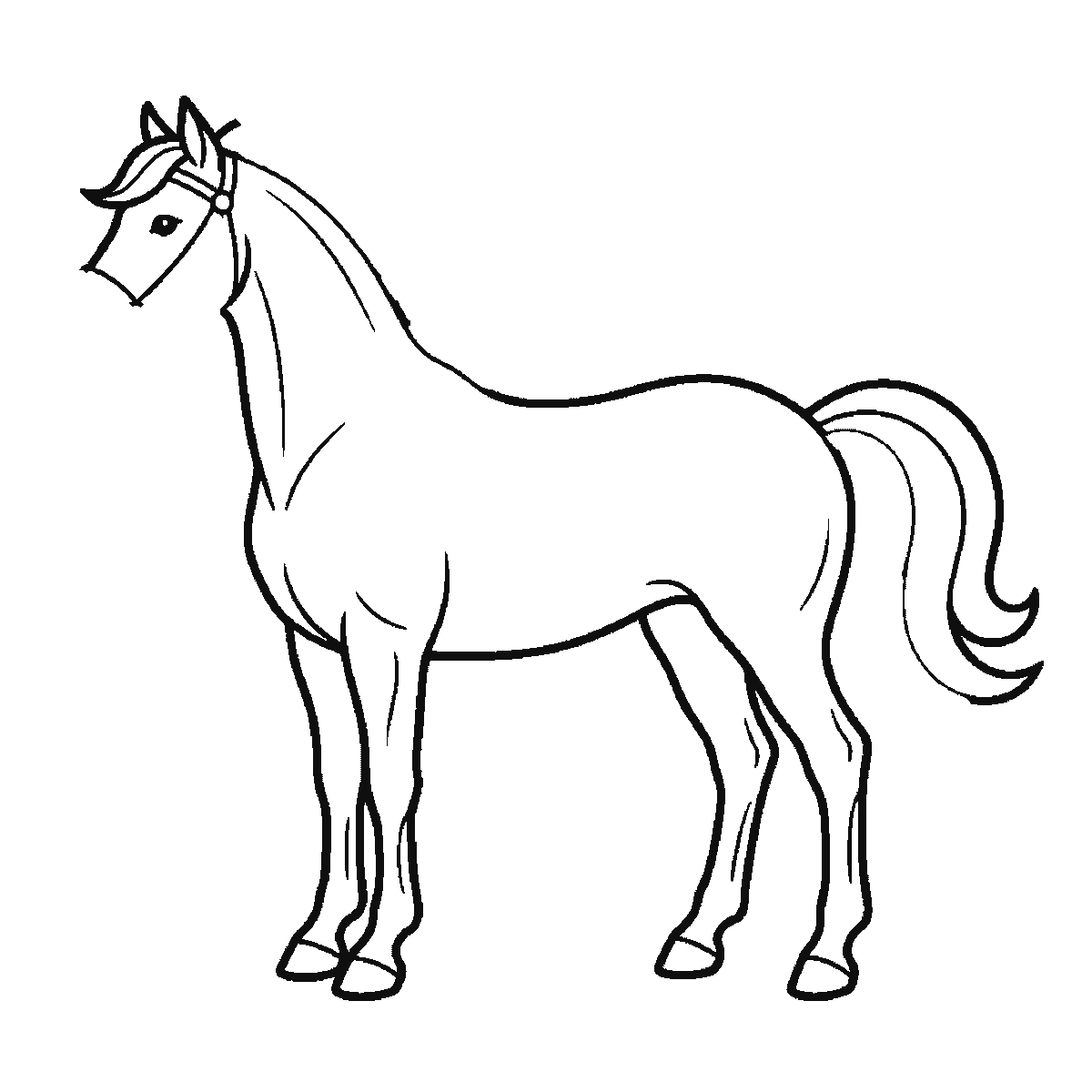 Step 4 of 6: Step-by-step drawing sheet: a horse standing in profile, built up over six frames from the body, neck and near legs to the far legs, the tail, and the head and mane last, black outlines on white