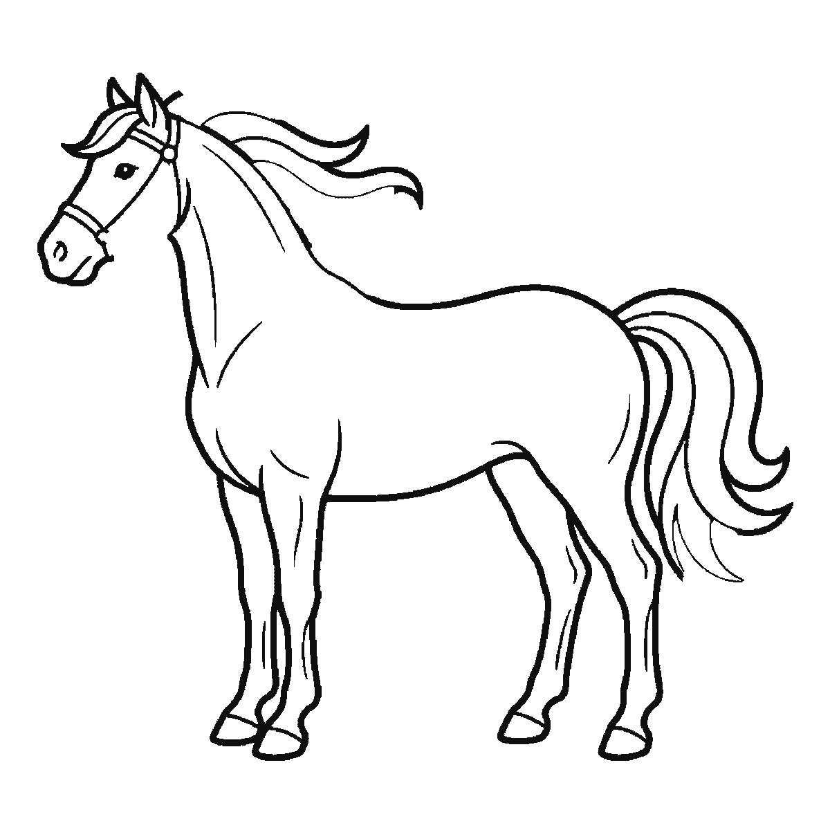 Step 5 of 6: Step-by-step drawing sheet: a horse standing in profile, built up over six frames from the body, neck and near legs to the far legs, the tail, and the head and mane last, black outlines on white