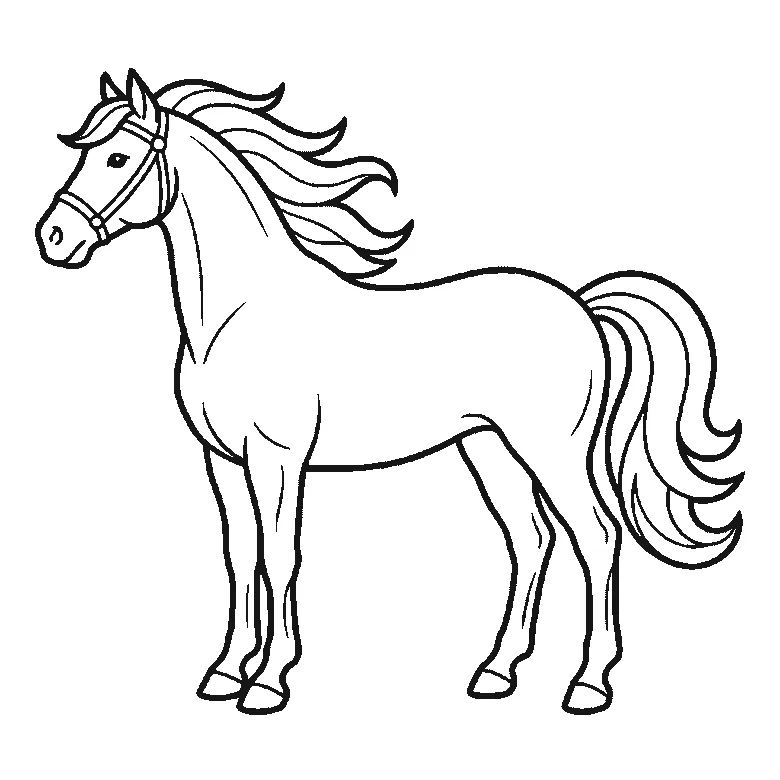 Step-by-step drawing sheet: a horse standing in profile, built up over six frames from the body, neck and near legs to the far legs, the tail, and the head and mane last, black outlines on white