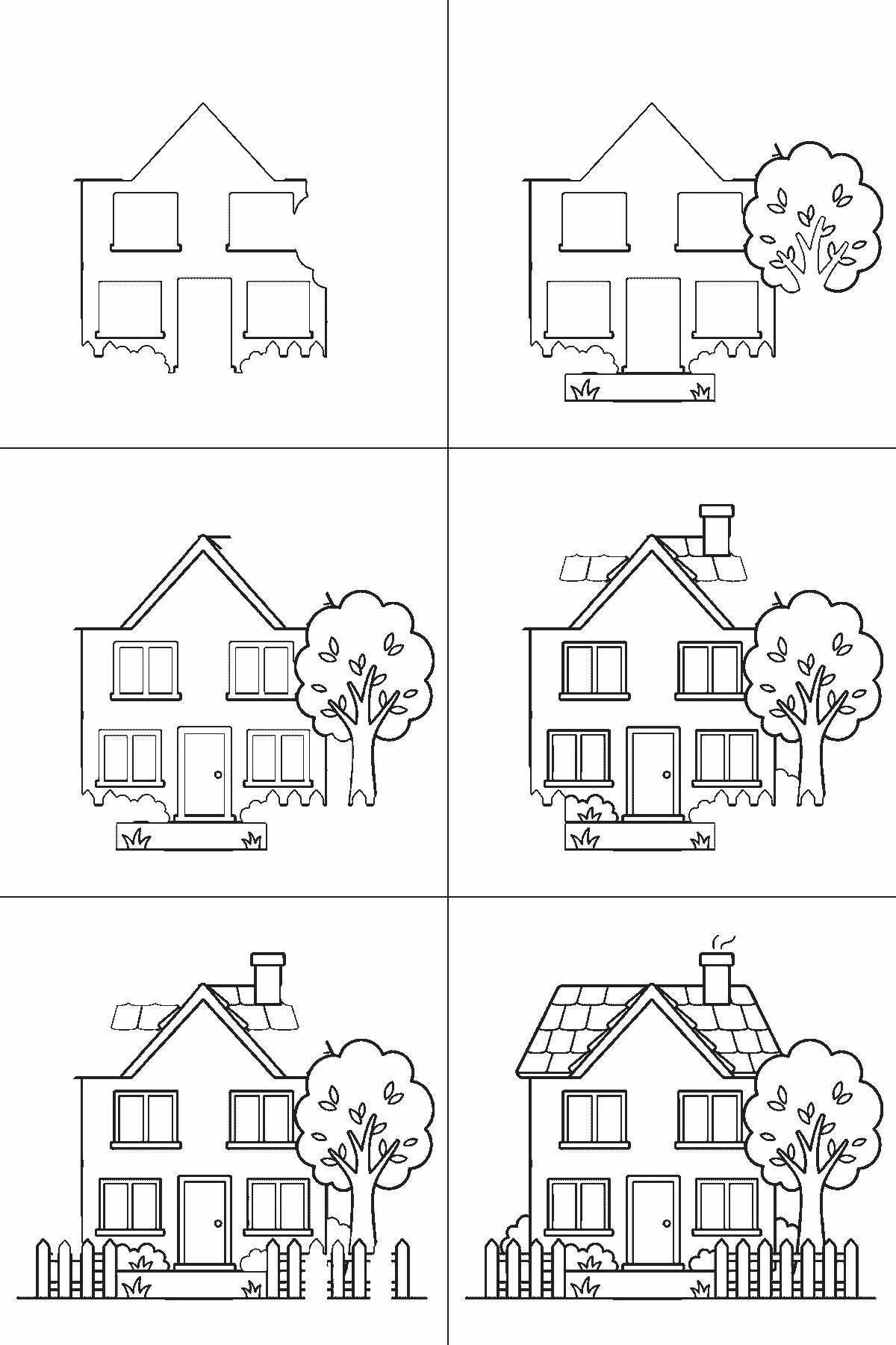 Step-by-step drawing sheet: a detached house with a tiled roof, chimney, fence and a tree beside it, built up over six frames from the walls and roofline to the windows, door, fence and tiles, black outlines on white
