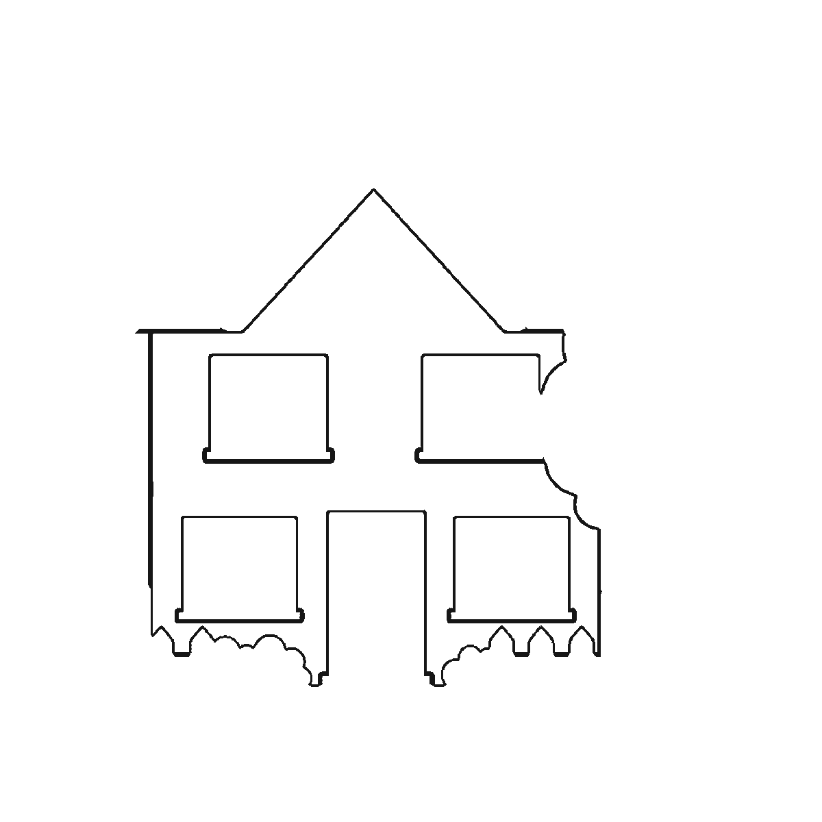 Step 1 of 6: Step-by-step drawing sheet: a detached house with a tiled roof, chimney, fence and a tree beside it, built up over six frames from the walls and roofline to the windows, door, fence and tiles, black outlines on white