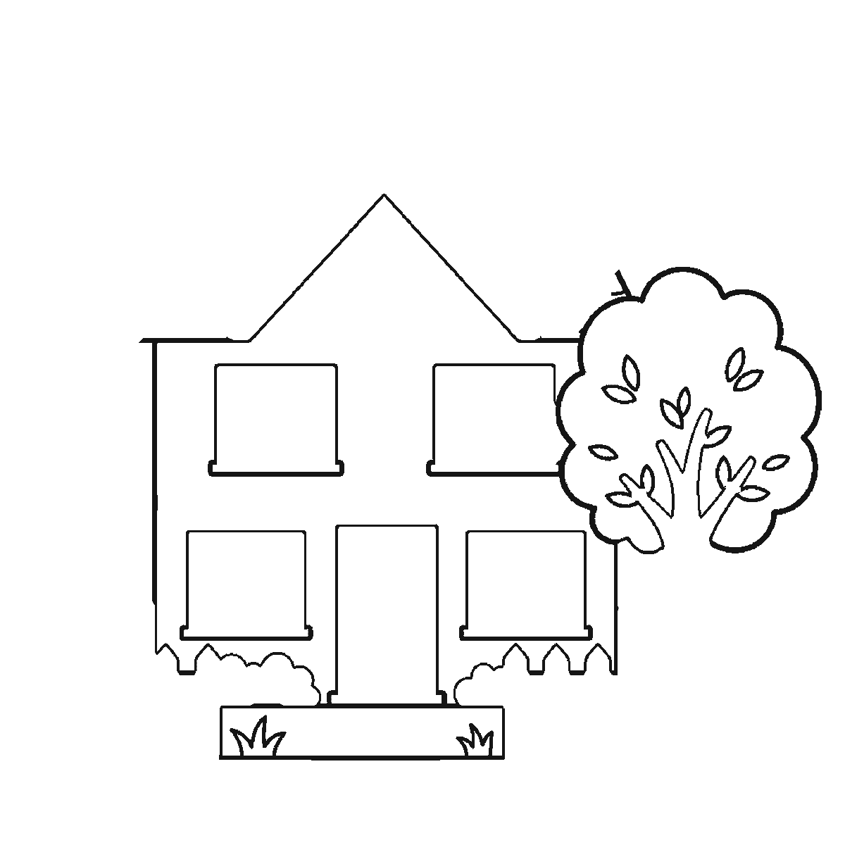 Step 2 of 6: Step-by-step drawing sheet: a detached house with a tiled roof, chimney, fence and a tree beside it, built up over six frames from the walls and roofline to the windows, door, fence and tiles, black outlines on white