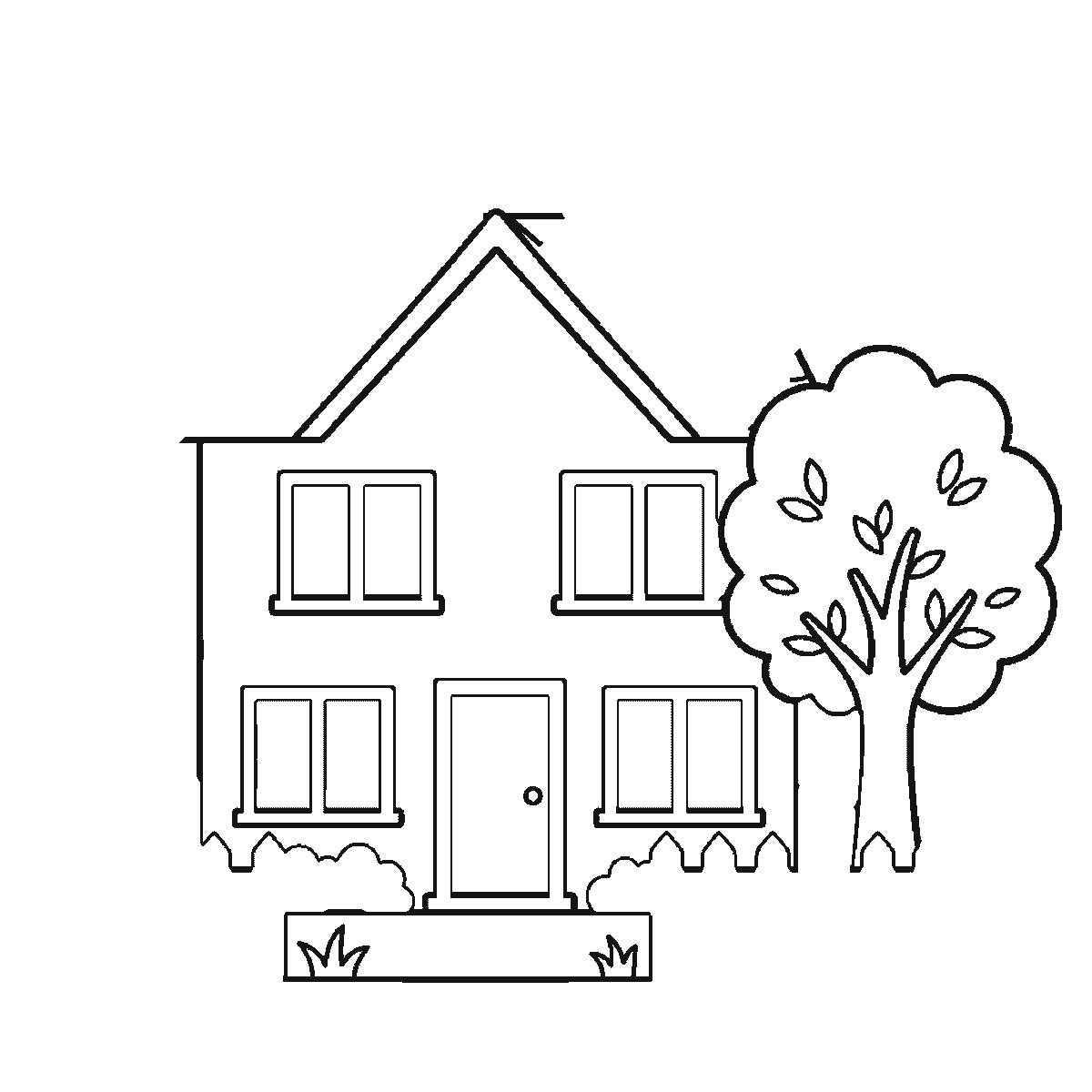 Step 3 of 6: Step-by-step drawing sheet: a detached house with a tiled roof, chimney, fence and a tree beside it, built up over six frames from the walls and roofline to the windows, door, fence and tiles, black outlines on white