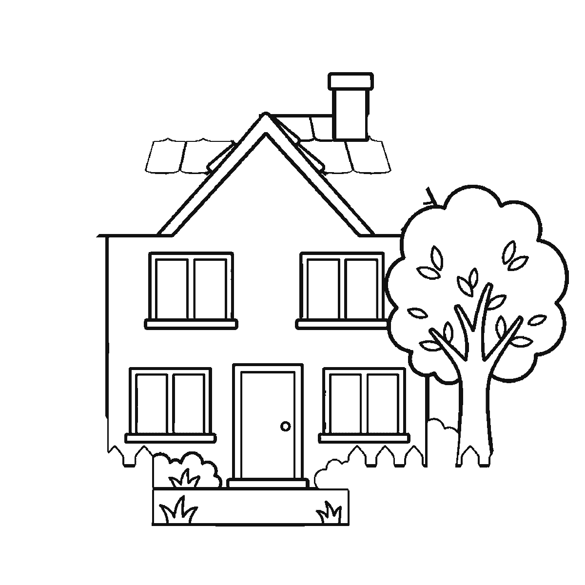 Step 4 of 6: Step-by-step drawing sheet: a detached house with a tiled roof, chimney, fence and a tree beside it, built up over six frames from the walls and roofline to the windows, door, fence and tiles, black outlines on white
